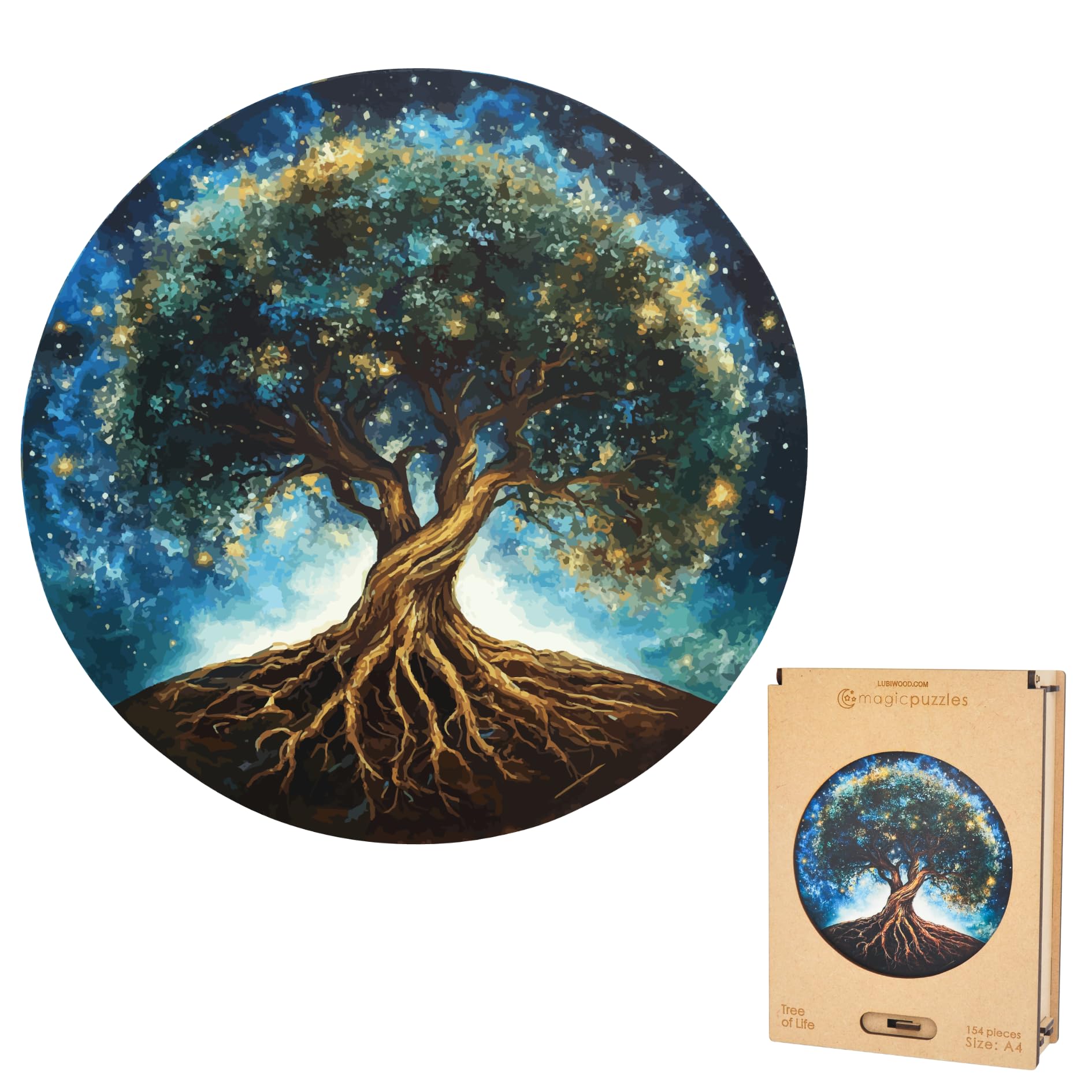 Puzzle in legno Lubiwood Albero della Vita dalla forma unica (26x26 cm) - 154 pezzi intricati, include una confezione regalo in legno coinvolgente