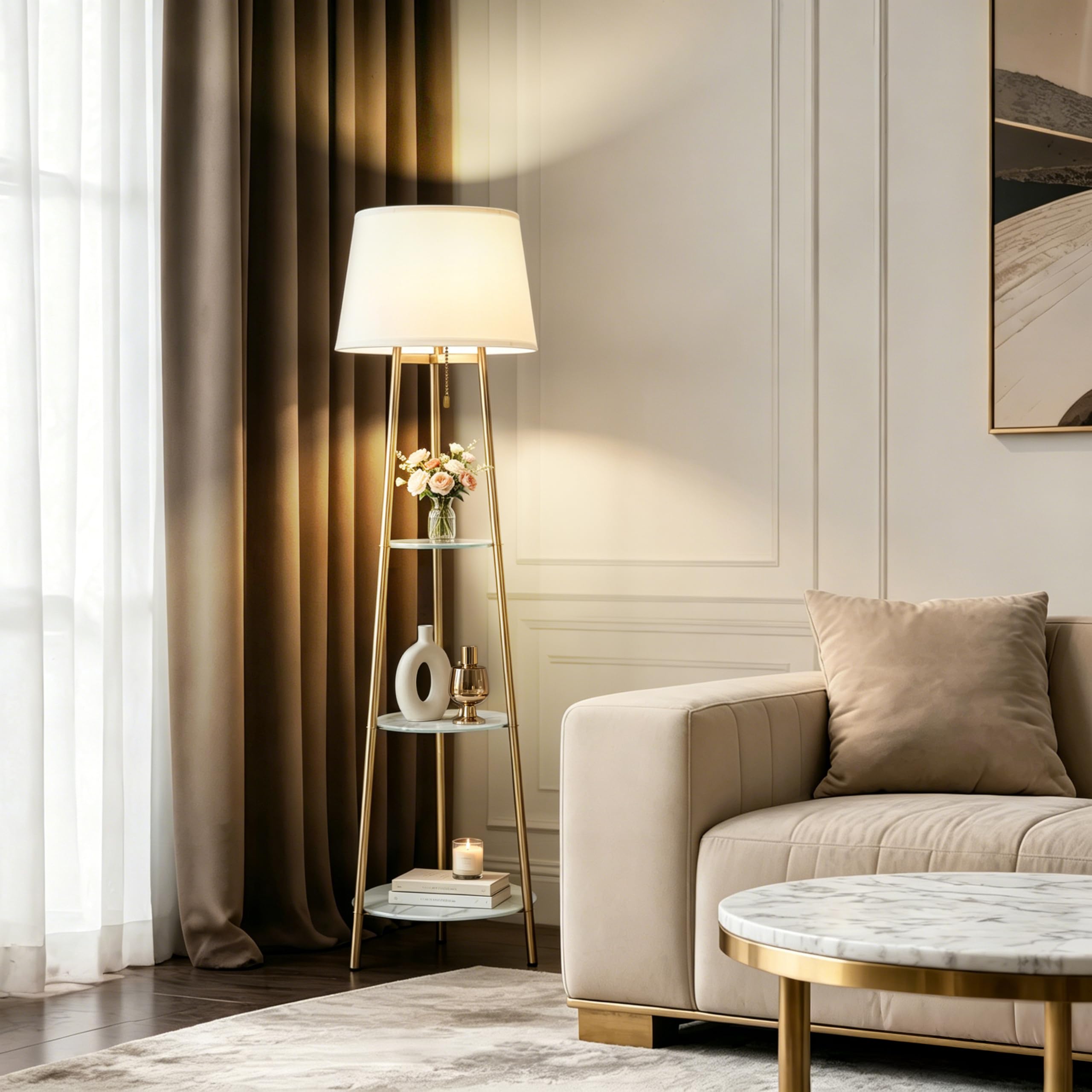 Lampadaire Trépied Métal avec 3 Étagères Verre Trempé LED 35x147cm | 3 Températures de Couleur 2700K/4500K/6500K, Abat-Jour en Lin, Pour Salon, Chambre, Bureau, Ampoule Incluse