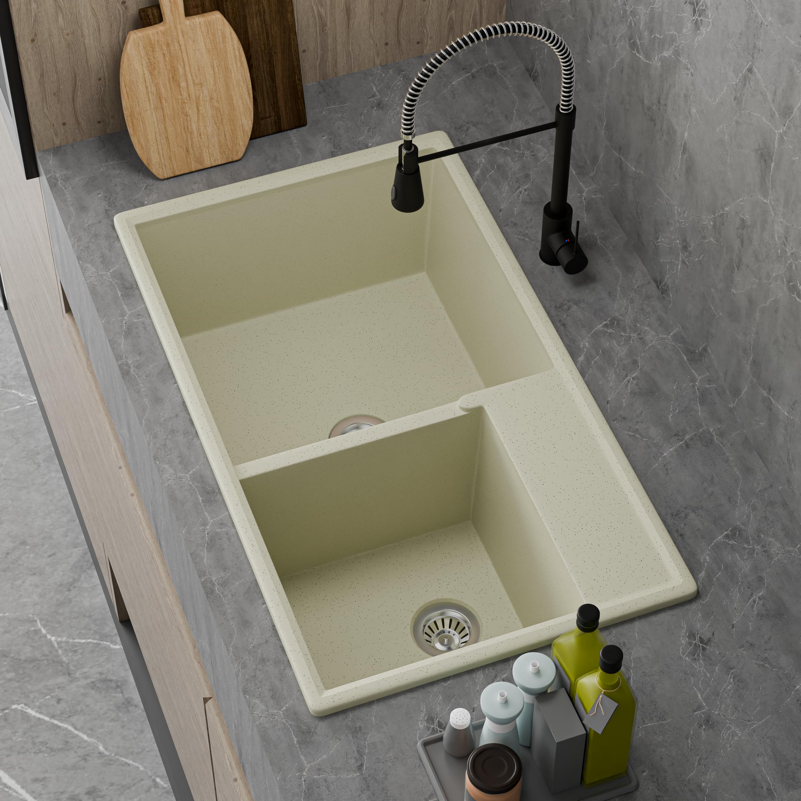 HISRE Quartz Kitchen Sink | 31x18x9 Inches Double Bowl Quartz Sink for Kitchen | UV Protected Sound Dampening Scratch Resistant Noise Reducing Durable and Easy to Clean | Crema, photo 3 of 5