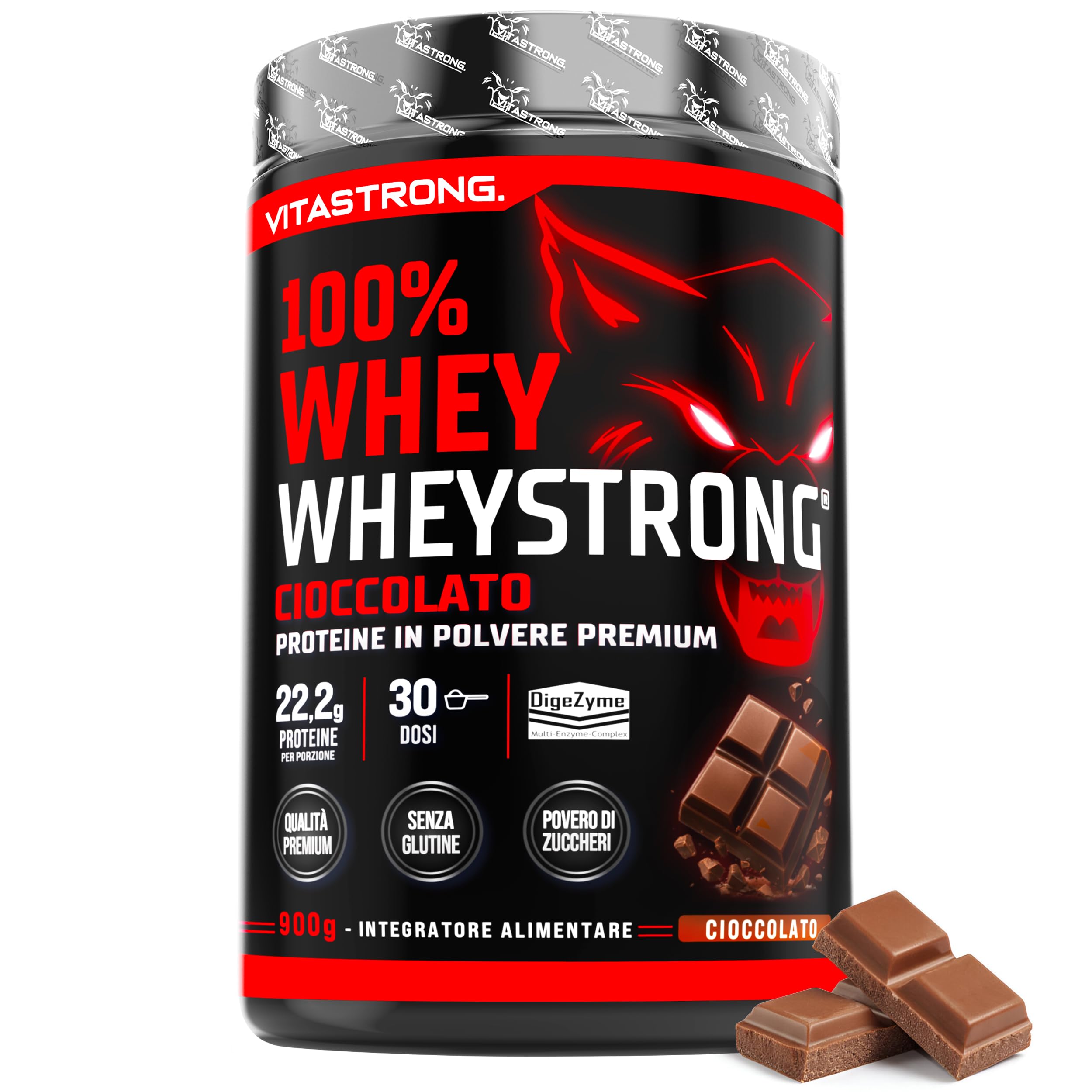 Vitastrong Proteine in Polvere Premium WheyStrong®, 900g, Gusto Cioccolato | 100% Proteine Whey con DigeZyme®, Alta Digeribilità e Concentrazione, Proteine del Siero del Latte Solo da Fornitori Italiani