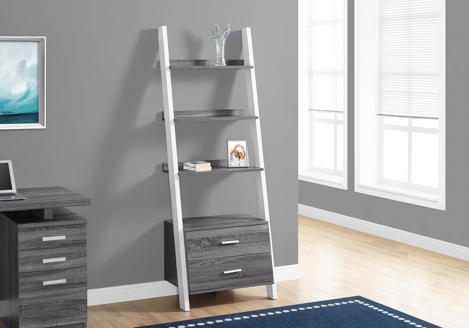4-Tier Ladder Shelf with 2 Drawers and 3 Shleves,Display Standing Bookcase with Metal Bar Handles,Distressed Grey and White Corner Bookshelf with Storage for Living Room,Entryway,Office