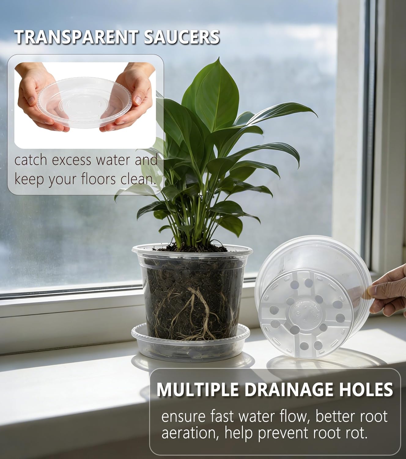 20-Pack Clear Nursery Pots with Saucers & Repotting Mat (4/5/6/7 Inch) – Transparent Plastic Plant Pots with Drainage Holes, Assorted Sizes for Seed Starting, Succulents, Indoor/Outdoor Use