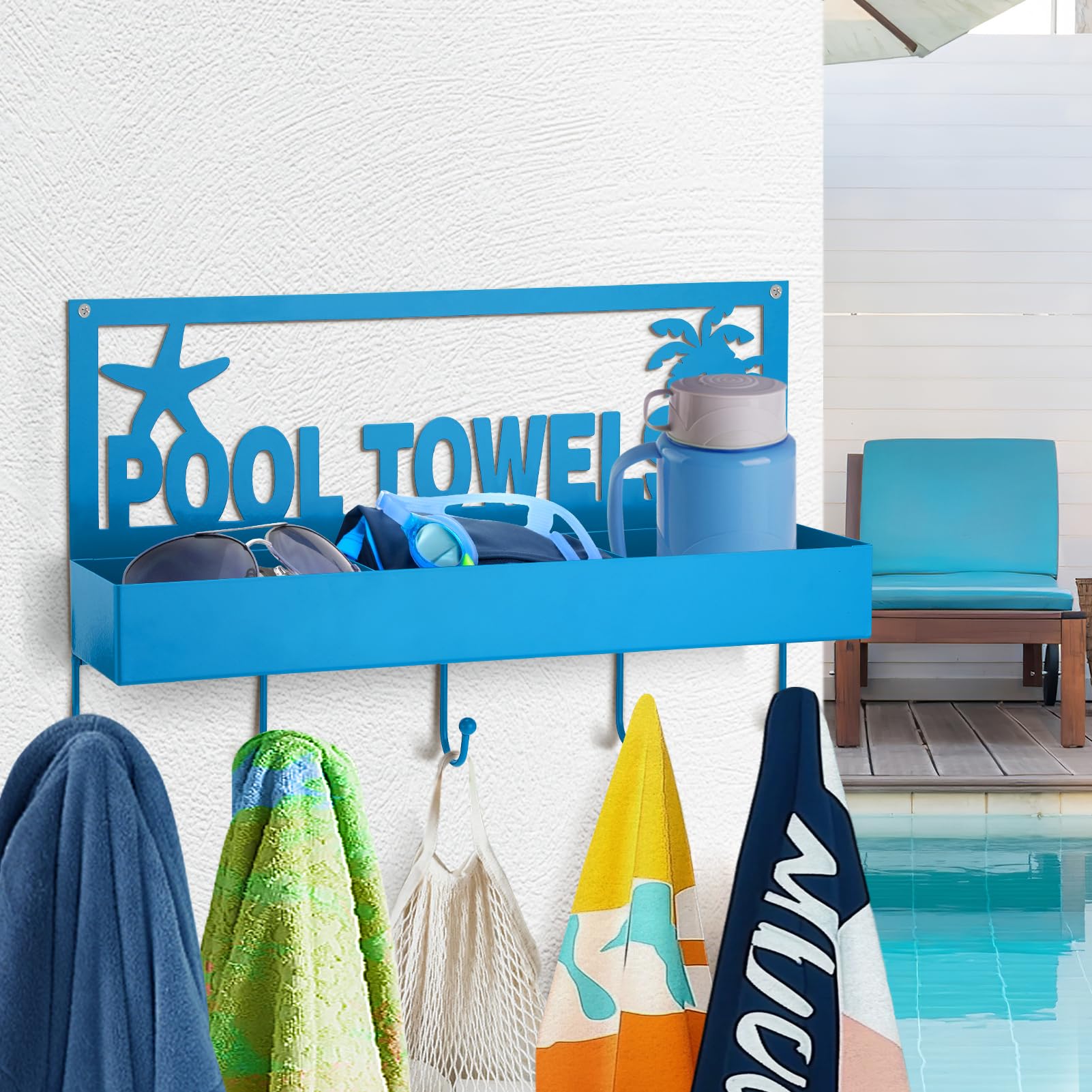 Pool Towel Rack - 2-in-1 Outdoor Poolside Beach Washcloth Drying Rack Holder, Wall Mounted Metal Hooks Decor for Bath Towel Storage, Robe Swimsuit,
