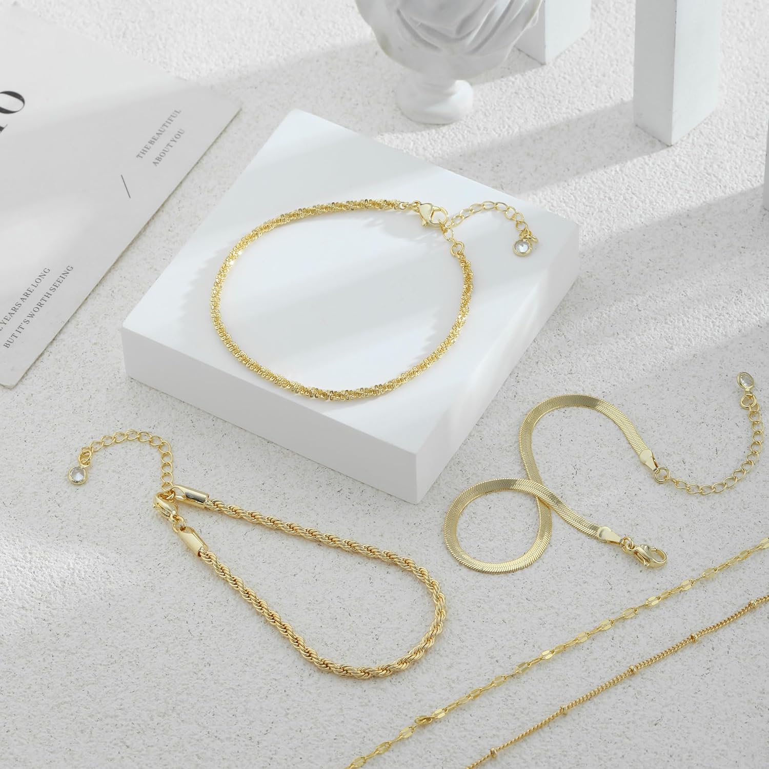 Gold Bracelets for Women, 14K Gold Plated Waterproof Bracelets for Women, Dainty Stackable Adjustable Chain Jewelry Set - Trendy Layered Bracelet Stack Gift, Everyday Wear - Image 6