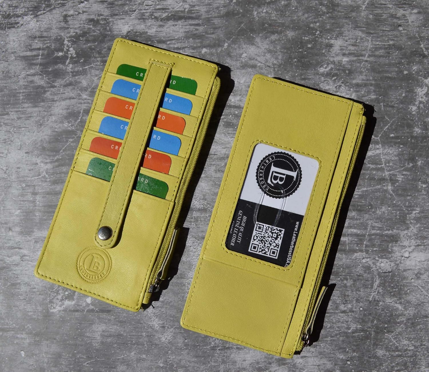 Leatherboss Genuine Leather Women's All in One Credit Business Card Case Holder Slim Zipper Wallet With a Card Protection Strap, Lemon - Image 7