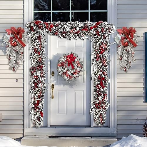 Miniatura 5 de Corona de Navidad para puerta delantera, inalámbrica, rojo y blanco, adornos navideños para colgar en la pared, guirnalda de Navidad, corona de