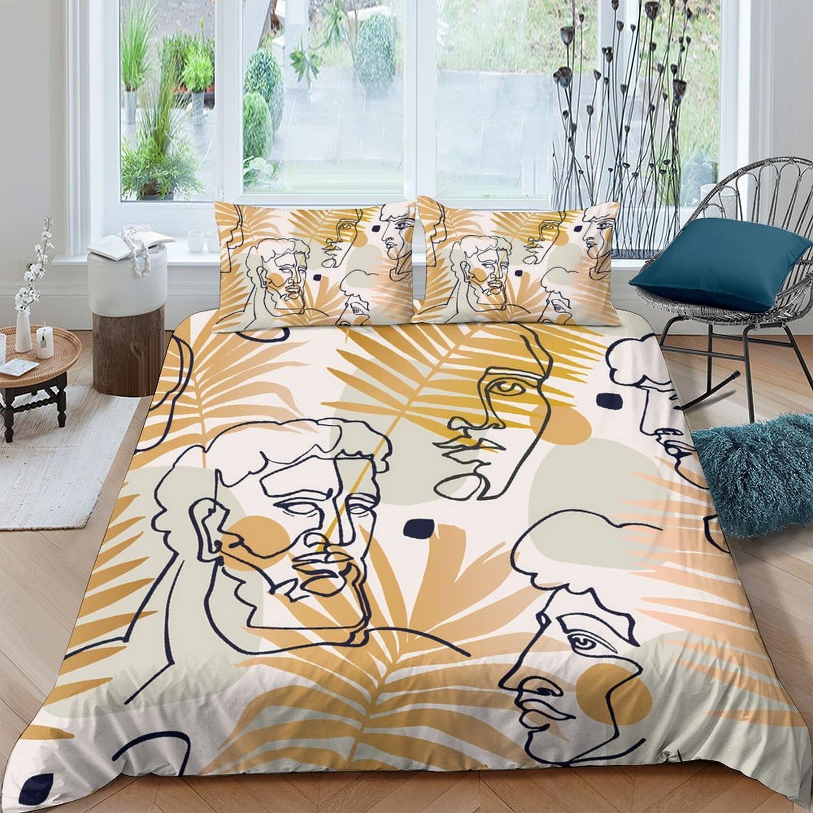Ctjqhvkz Style-7 3D Printed Abstract Face Fitted Sheet Microfiber Soft Yellow Line Art Mattress Cover For Bedroom Dorm Decor Single（135X200cm）