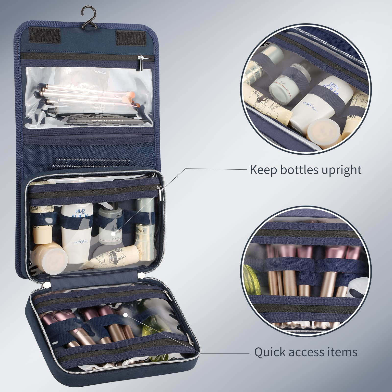 SIMTOP Borsa da toilette da appendere, borsa cosmetica da viaggio impermeabile,borsa per il trucco con 3 scomparti, pieghevole, dimensioni compatte per uomo, donna, bambino (blu)