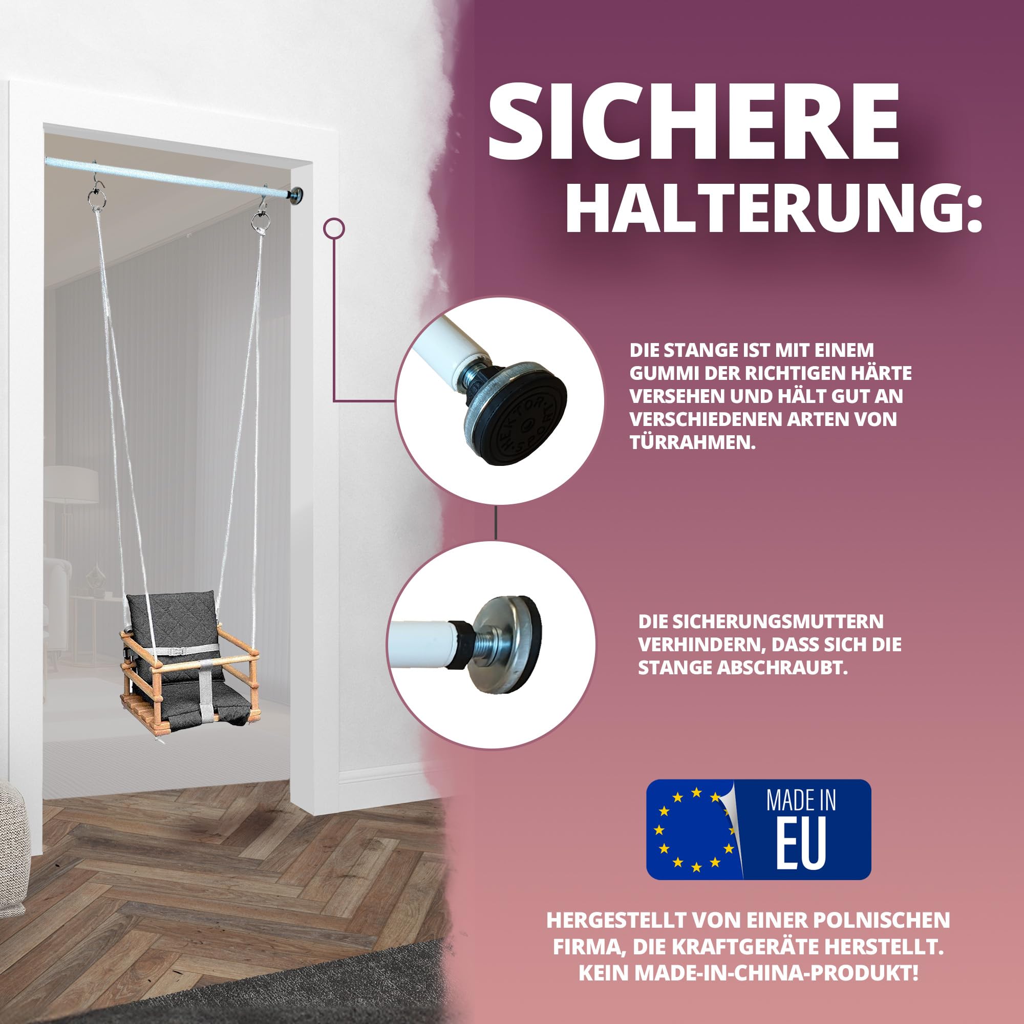 Klimmzugstange - für Türrahmen - mit Haken für Kinderschaukel - Montage ohne Bohren - Reckstange aus Metall - Pull Up Bar - Training-, Fitnessgeräte für Zuhause - Weiß - 70 cm