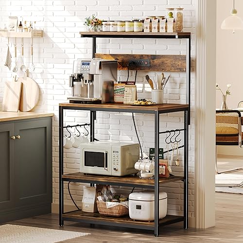 Miniatura 101 de SUPERJARE - Estante de cocina con toma de corriente de 4 niveles, soporte de microondas de cocina con 6 ganchos en forma de S, estante de Marrón