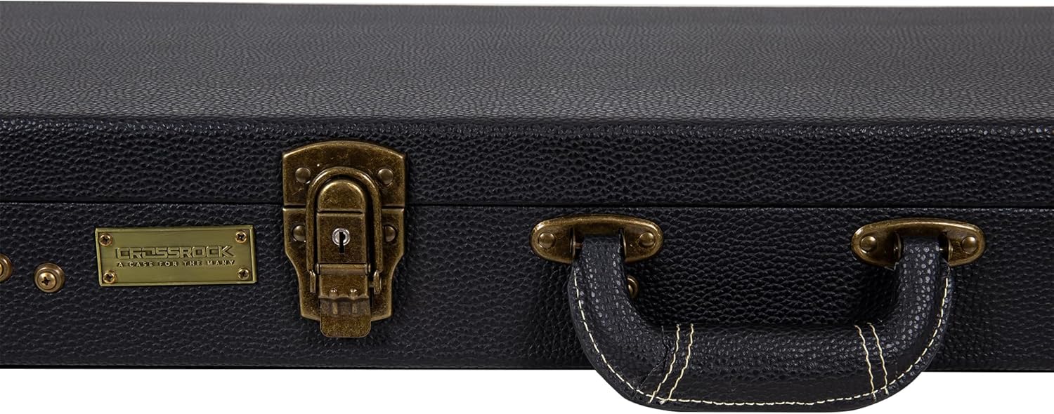Crossrock Wooden Guitar Case -Fits Electric Bass Guitars- Vintage Hardware, Sponge Lining, Metal Feet, Storage Space-Black (CRW520BBK)