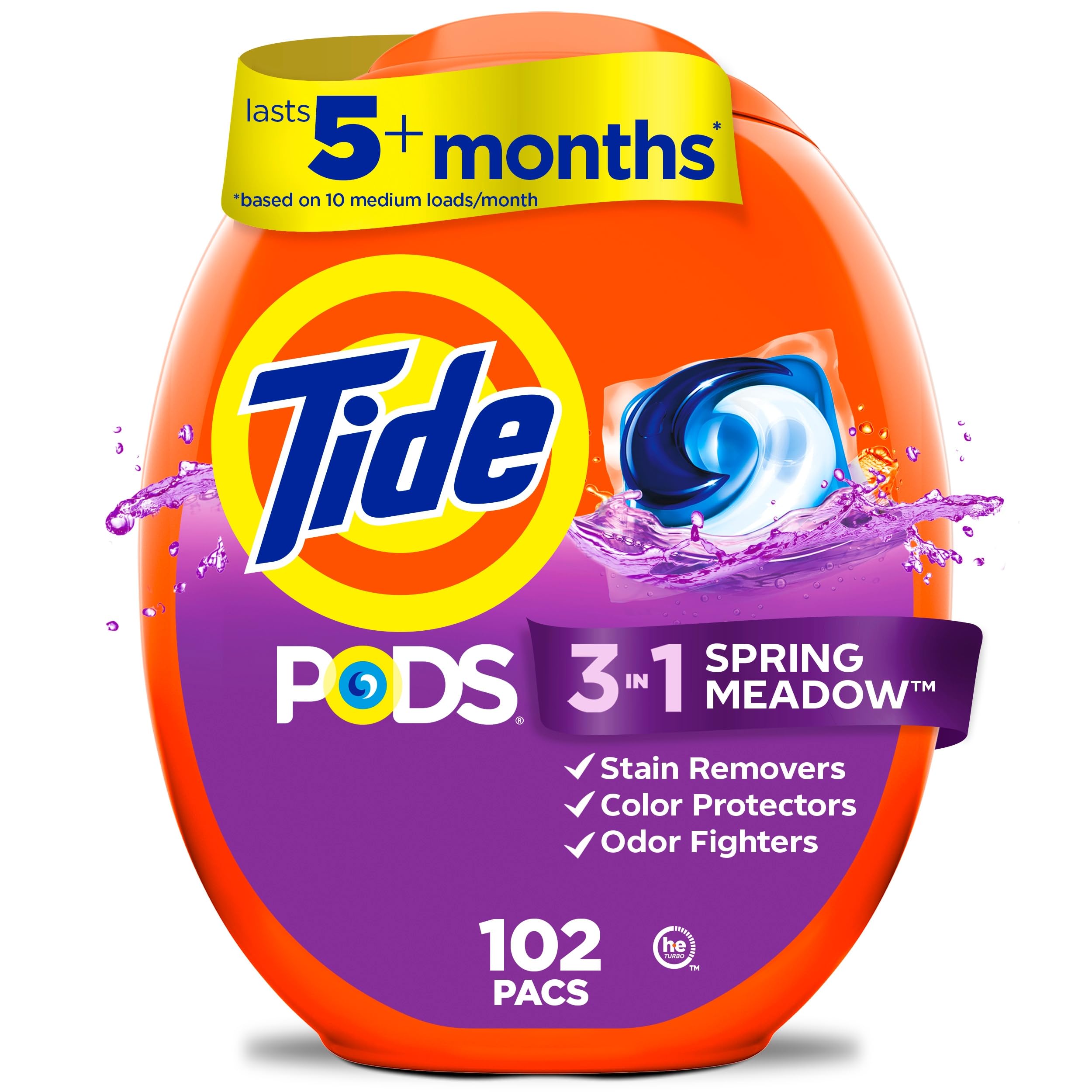 Tide PODS laundry detergent pacs, 3-in-1 Stain Remover, Odor Fighter, Color Protector, 102 Count, HE compatible, Spring Meadow Scent