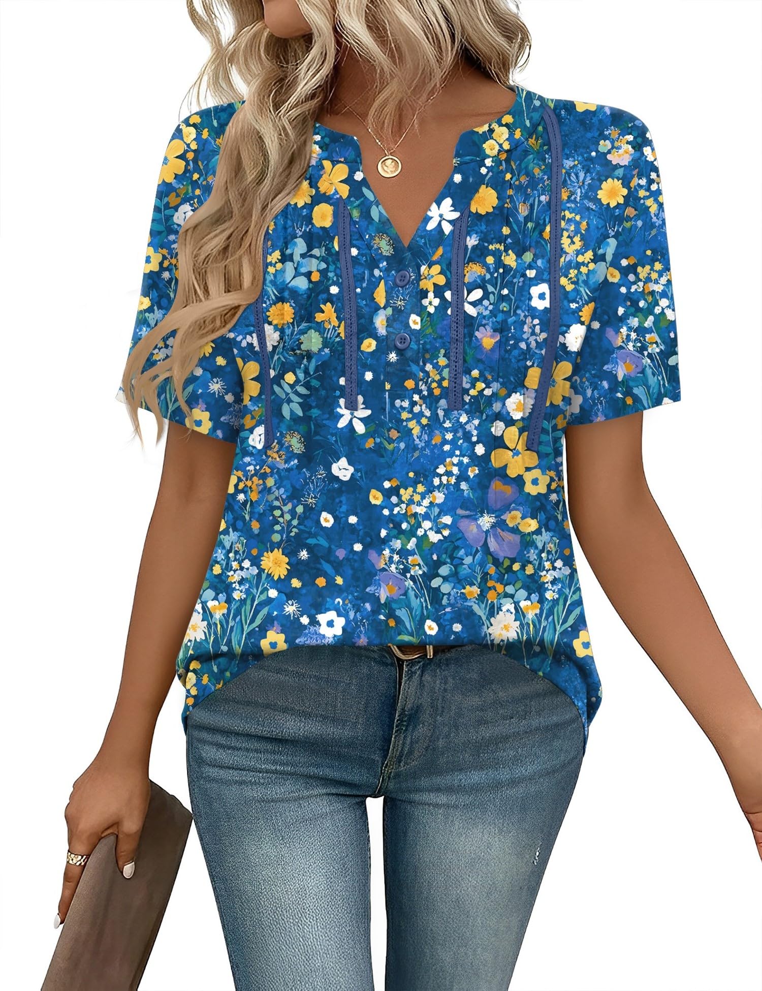 IECCP Bluse Damen Kurzarm Tunika V Ausschnitt Plissiert Oberteile Lässig Blumen T Shirt Sommer Top