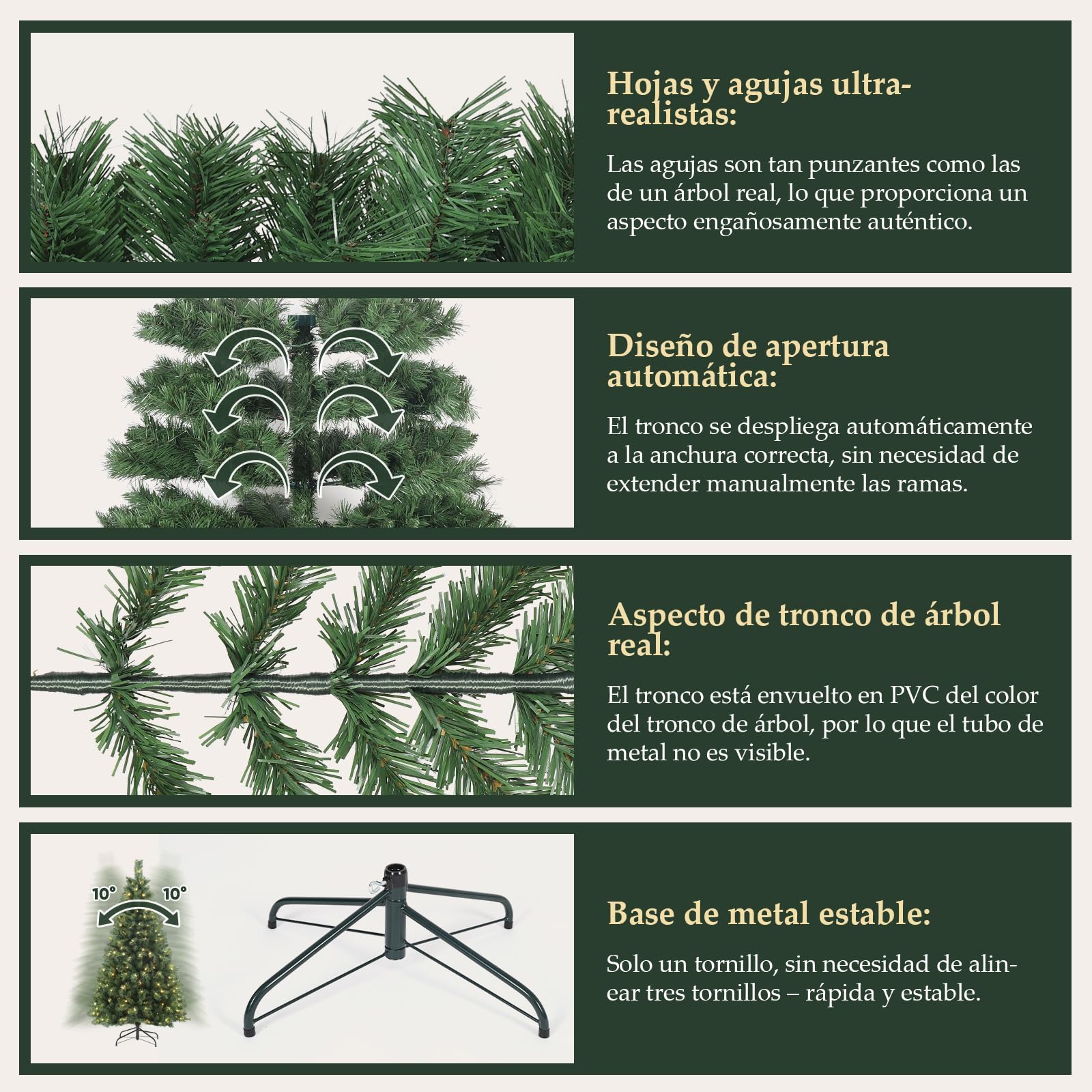 SALCAR Arbol de Navidad con Luces Incorporadas 180 cm, Árbol de Navidad Artificial con Guantes y 580 Puntas de Rama, Pino de Navidad con Soporte de Metal, Abeto, Ignífugo