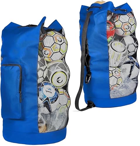 Fitdom Bolsa de pelota de equipo de malla de fútbol XL resistente con diseño de correa de hombro ajustable para entrenador. con un bolsillo frontal