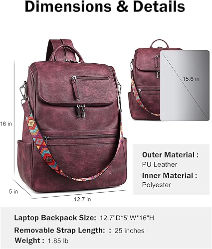 Miniatura 2 de FADEON Mochila para computadora portátil para mujer, mochila de viaje de cuero con compartimento para portátil, diseño de PU, color rojo