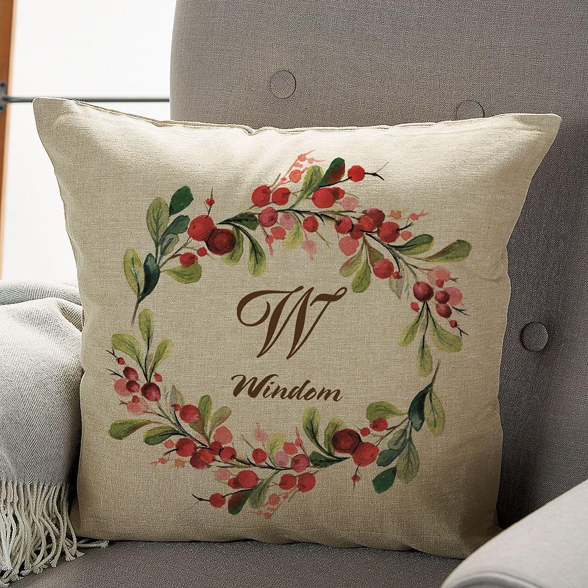 Lillian Vernon Holiday Berry Wreath Personalized Throw Pillow, Square 18 x 18-Inch Cotton Burlap Decorative Pillows, Christmas, Bedroom and Living Room Decor, Add Name