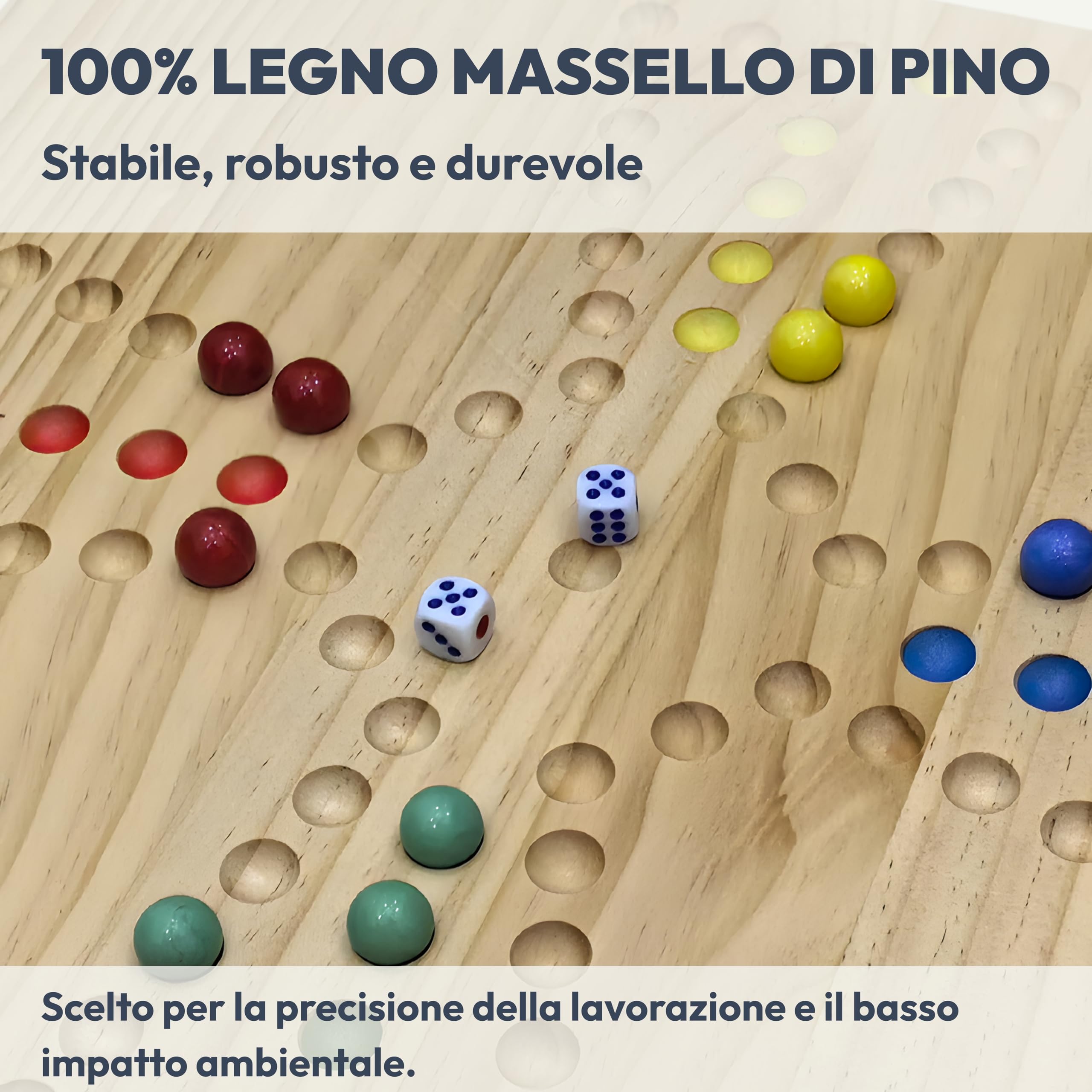 Gioco di Ludo e Barricata in Legno XL 4 Giocatori – Tabellone Reversibile 40x40 cm in Legno Massello di Pino – Compatibile con Tock e Jackaroo – Include Carte, Biglie in Vetro e Dadi