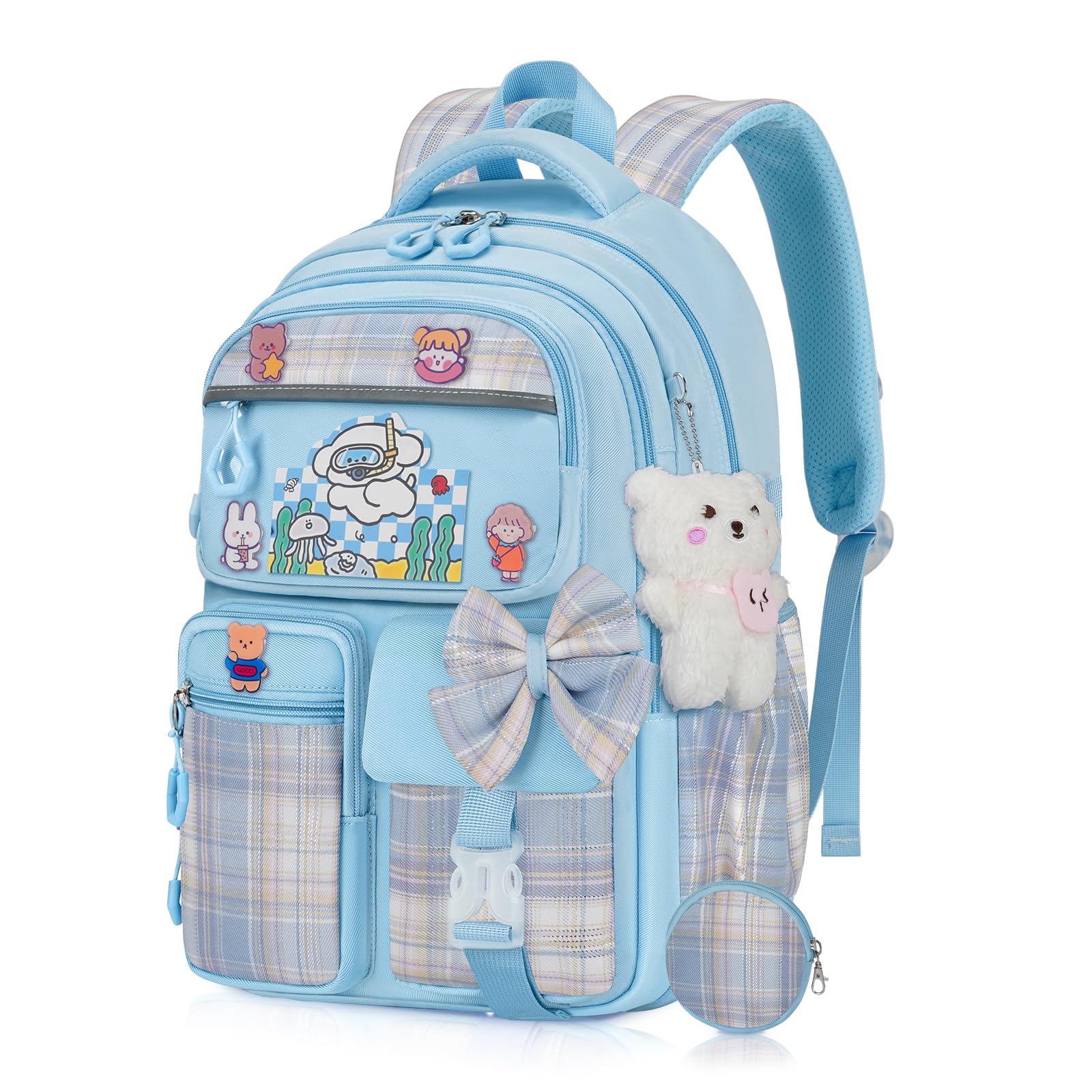 LEWKANA Girls Backpack with Coin Purse Blue Cute Kawaii Bookbag for Teens Aesthetic School Backpack for Elementary