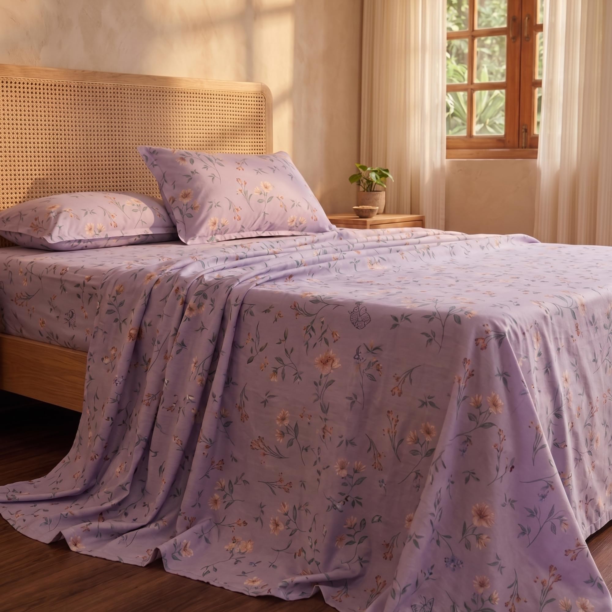 Lilac Floral Queen Size Cotton Bedsheet - FREE SHIPPING -4