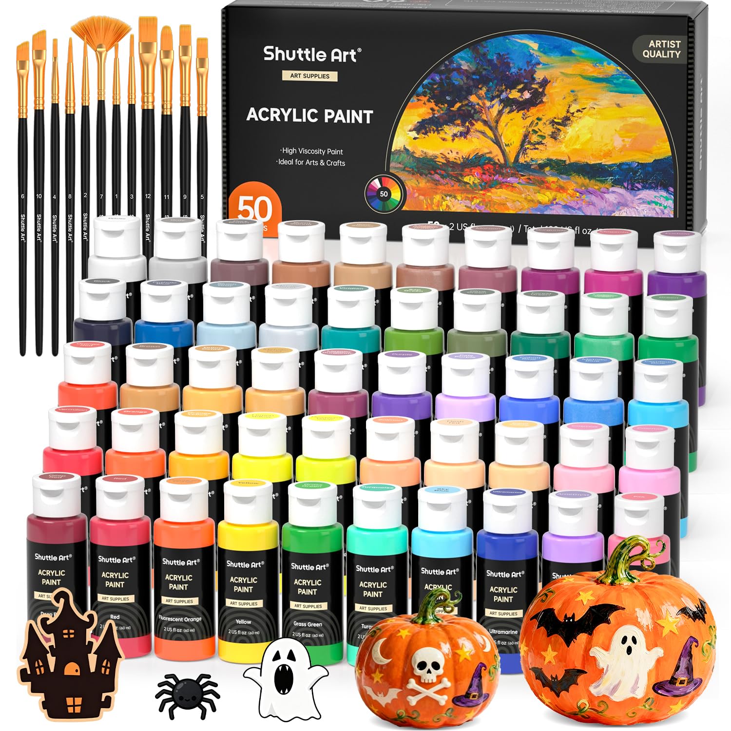 Shuttle Art Acrylic Paint, 50 Colors Acrylic Paint Set, 2oz/60ml Bottles, Rich Pigments, Water Proof, Premium for Artists, Beginners and Kids on Canvas Rocks Wood Ceramic Fabric