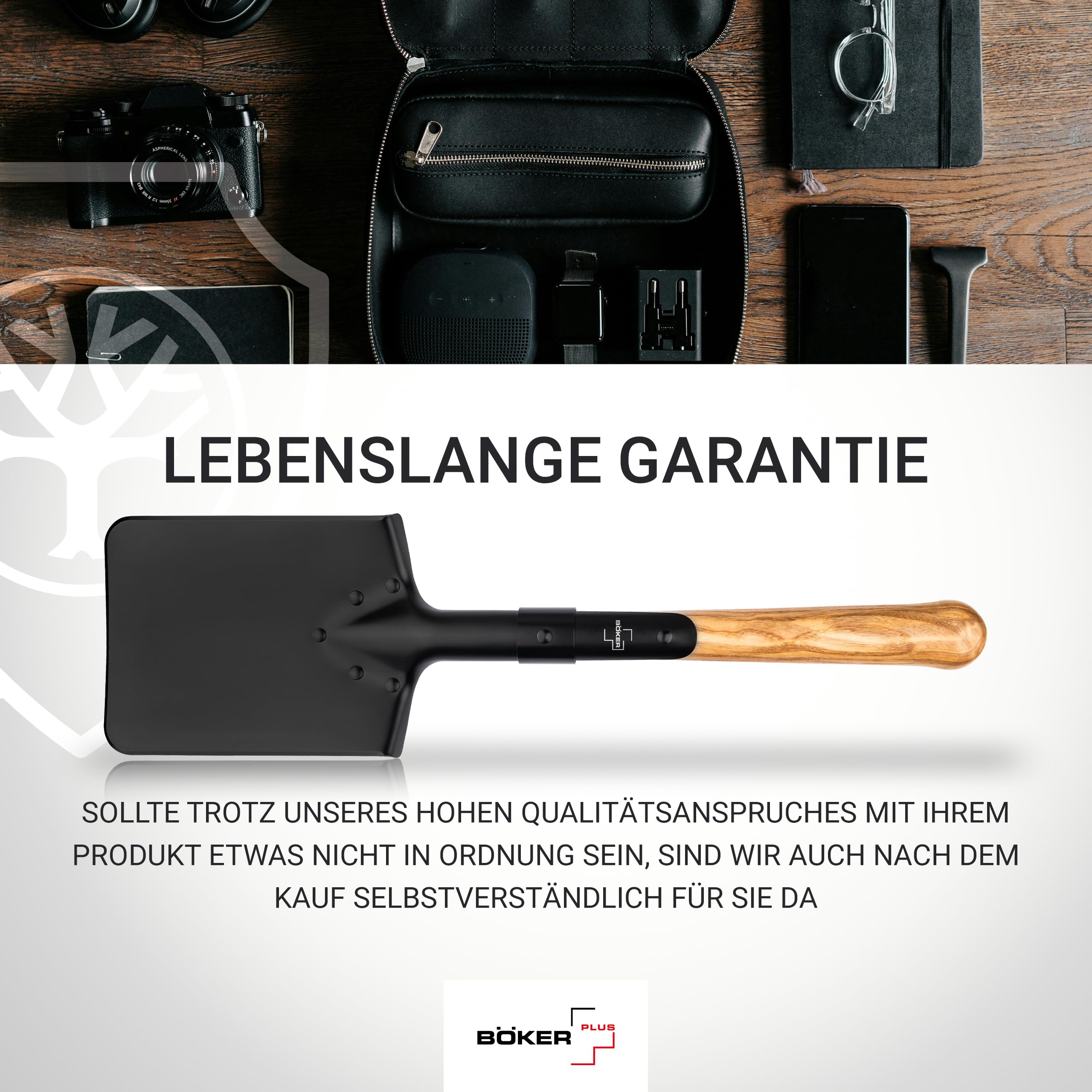 Böker Plus® Shovel M1874 - Deutscher Feldspaten mit Holzstiel - Armee Kurzspaten nach historischen Pionierspaten - Kurze Outdoor-Schaufel mit Tasche für Bushcraft-, Camping-, Survival-Ausrüstung
