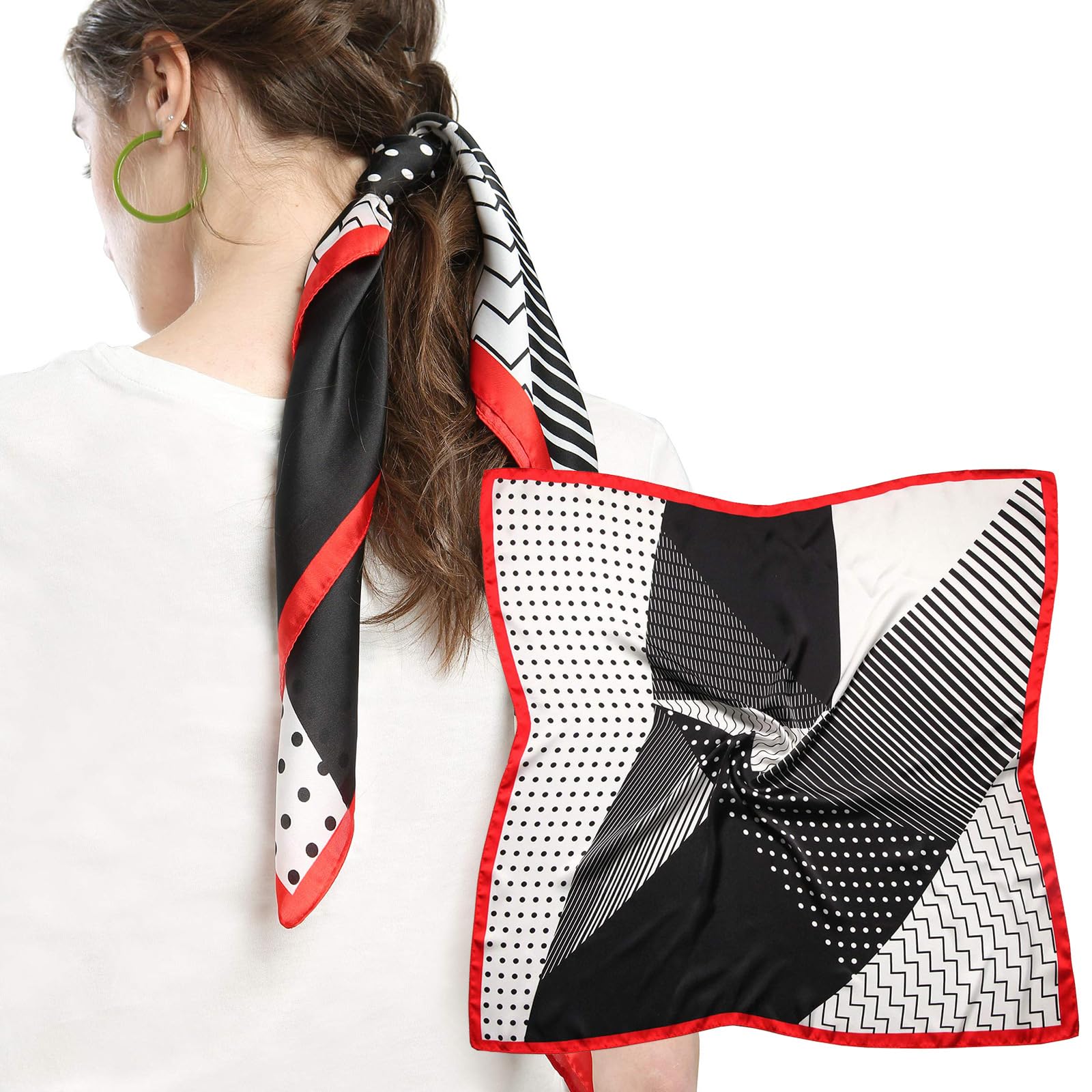 Meanbeauty Women's White Splicing Head Scarf For Like Silk Scarf Square Scarves Satin Bandanas Neck Scarfs 27.5 Inch With Gift Packed