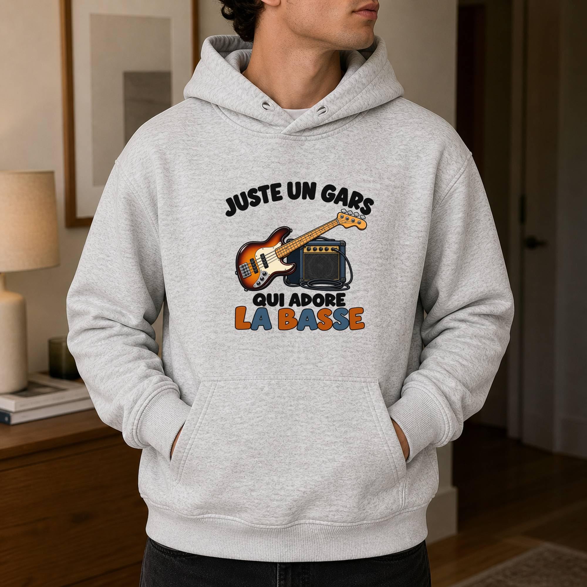 Planetee Sweat à Capuche Juste Un Gars Qui Adore la Basse | Hoodie en Molleton Gratté 280 g/m² Gris Chiné avec Poche Kangourou | Unisexe XS à 5XL | Cadeau Bassiste Anniversaire