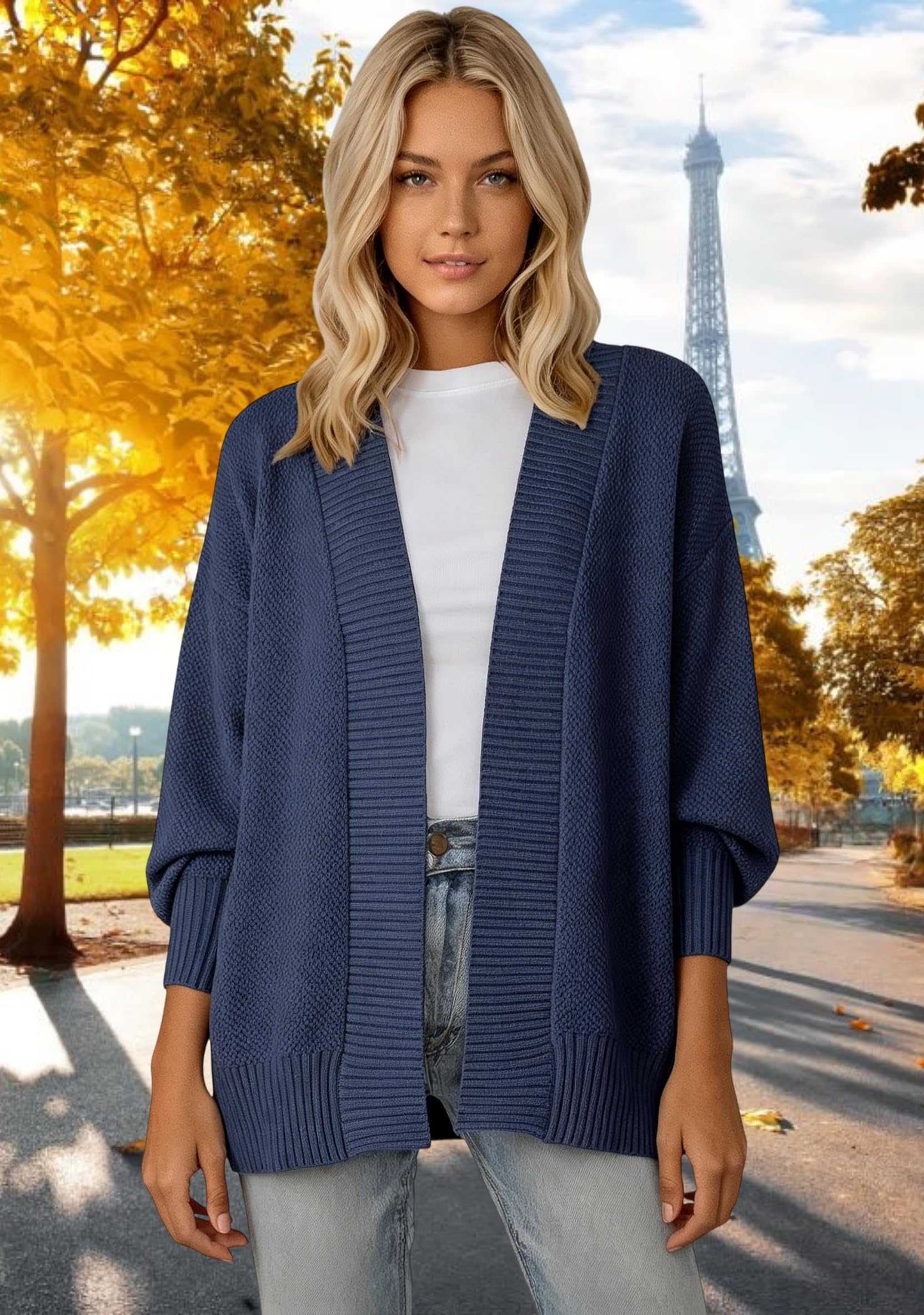 Cárdigan Punto Extragrande Mujer Frente Abierto Manga Larga Manga Abullonada Chaqueta Punto Largo Medio Ribete Acanalado Cárdigan Informal Otoño para Superponer Prendas Prenda Abrigo para Uso Dia