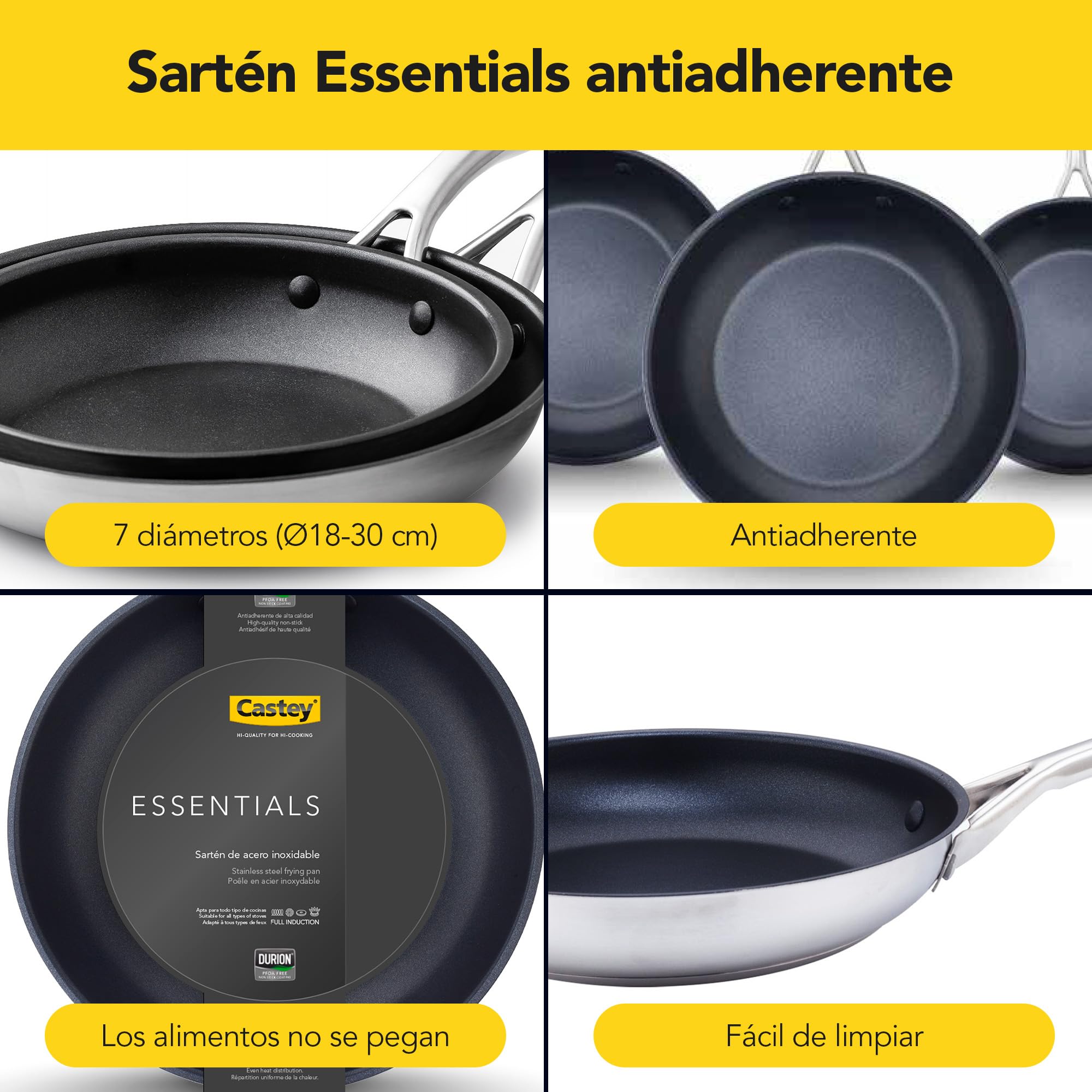 Castey - Juego de 3 Sartenes Inox Essentials, Modelo SET-EA3, Color Plata, Tamaño 18-22-26 cm, Acero inoxidable, Acabado Elegante, Resistente al desgaste, Apta para Todas las Cocinas, Antiadherente