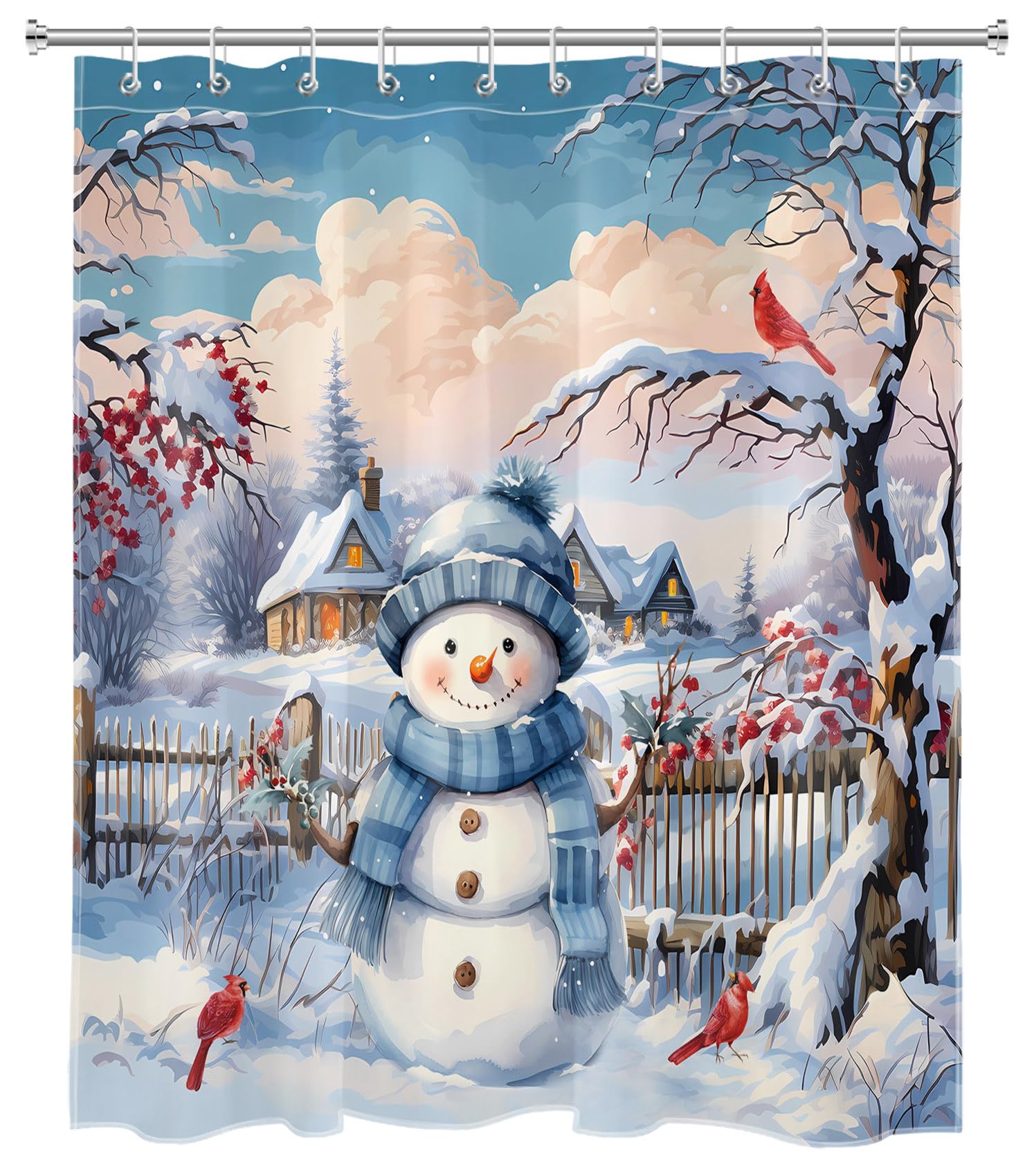 EOBTAIN Duschvorhang Mit Schneemann-Motiv – Rustikale Winterlandschaft Fürs Badezimmer, Inkl. 12 Haken