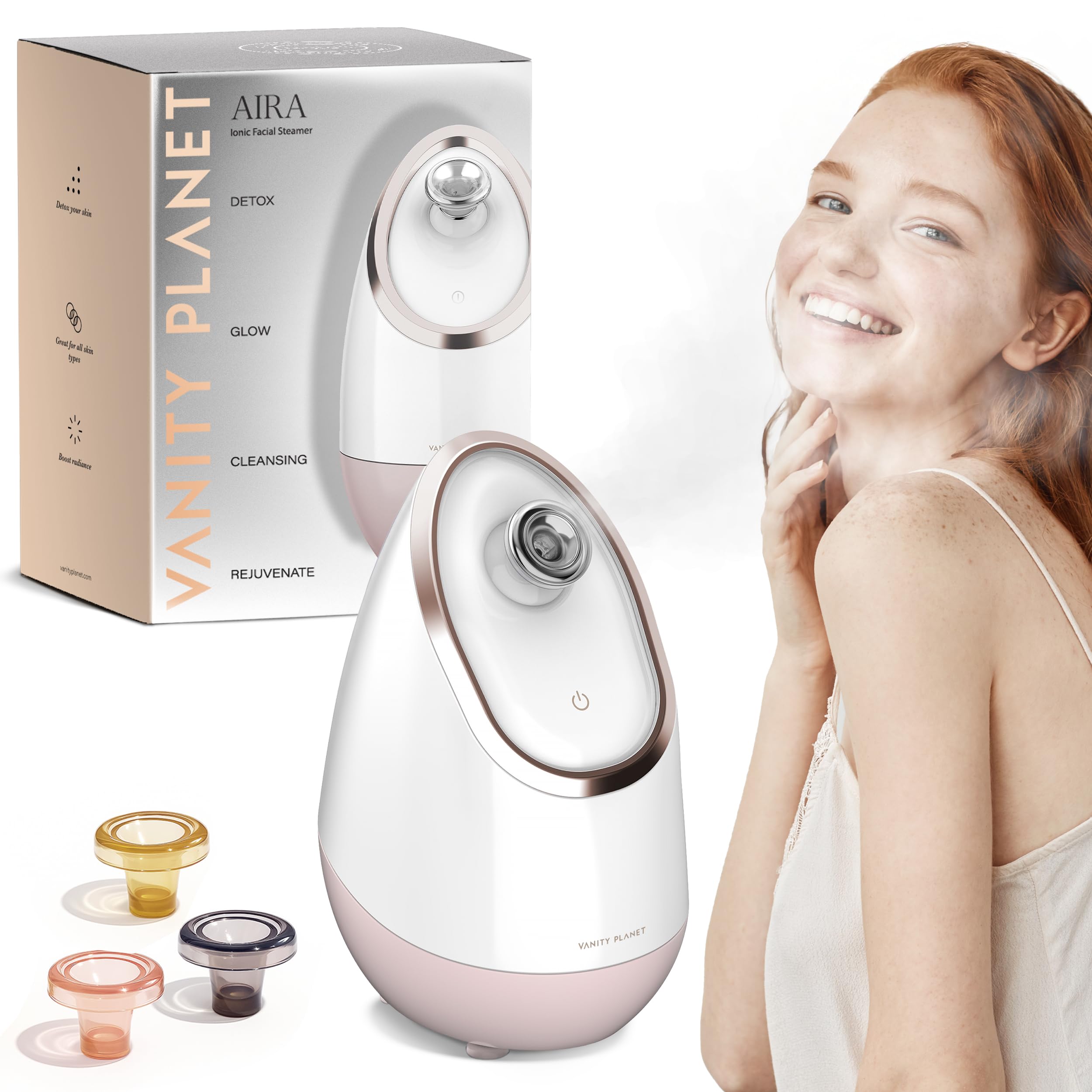 Vanity Planet (Rose Gold Facial Steamer) - Aira Ionic Facial Steamer (Rose Gold) - Pore Cleaner that Detoxifies, Cleanses and Moisturises Skin, Adjustable Nozzle, Inbuilt Water Tank with 3 Essentia...