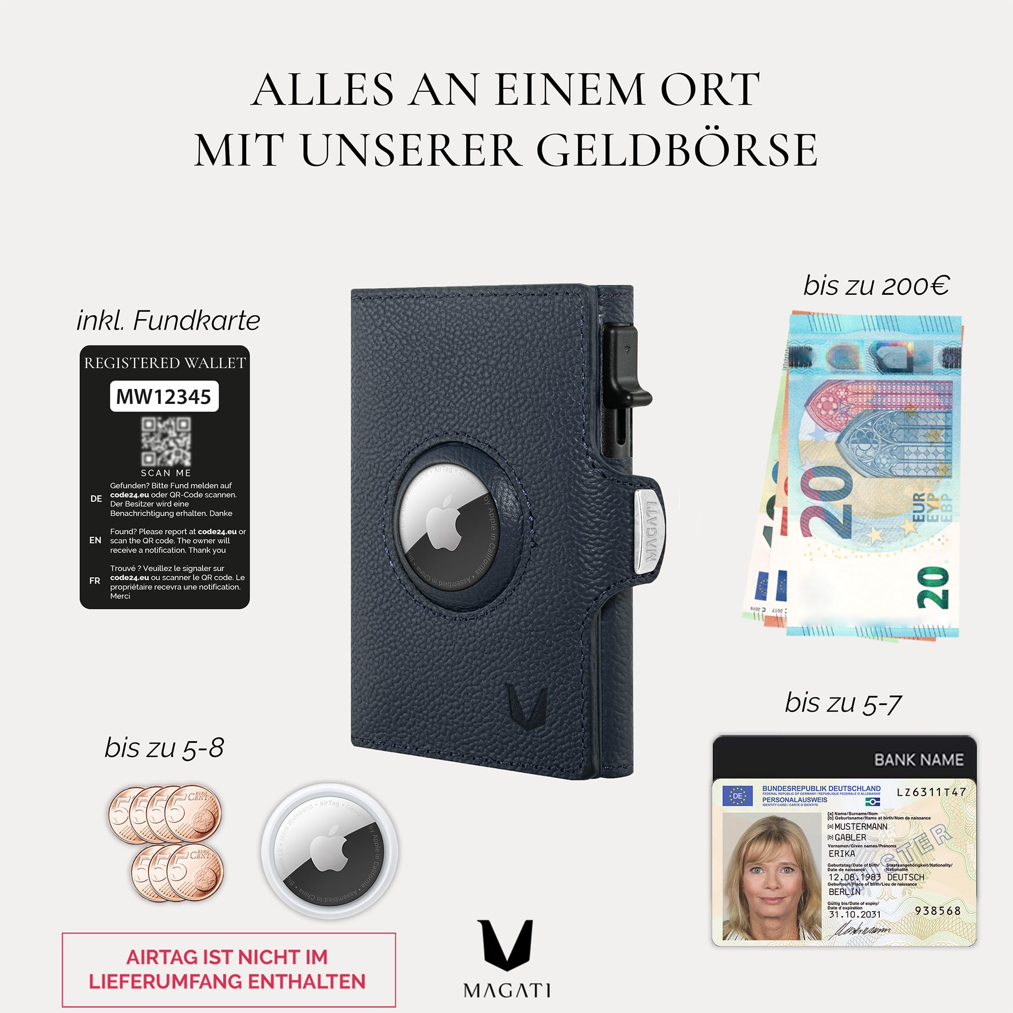 MAGATI Slim Wallet Zani mit AirTag Hülle aus Leder, inkl. Fundservice, Kartenetui mit Münzfach & RFID Blocker, Geldbörse für AirTag, Portmonee mit Kartenhalter & Geldscheinfach, Blau