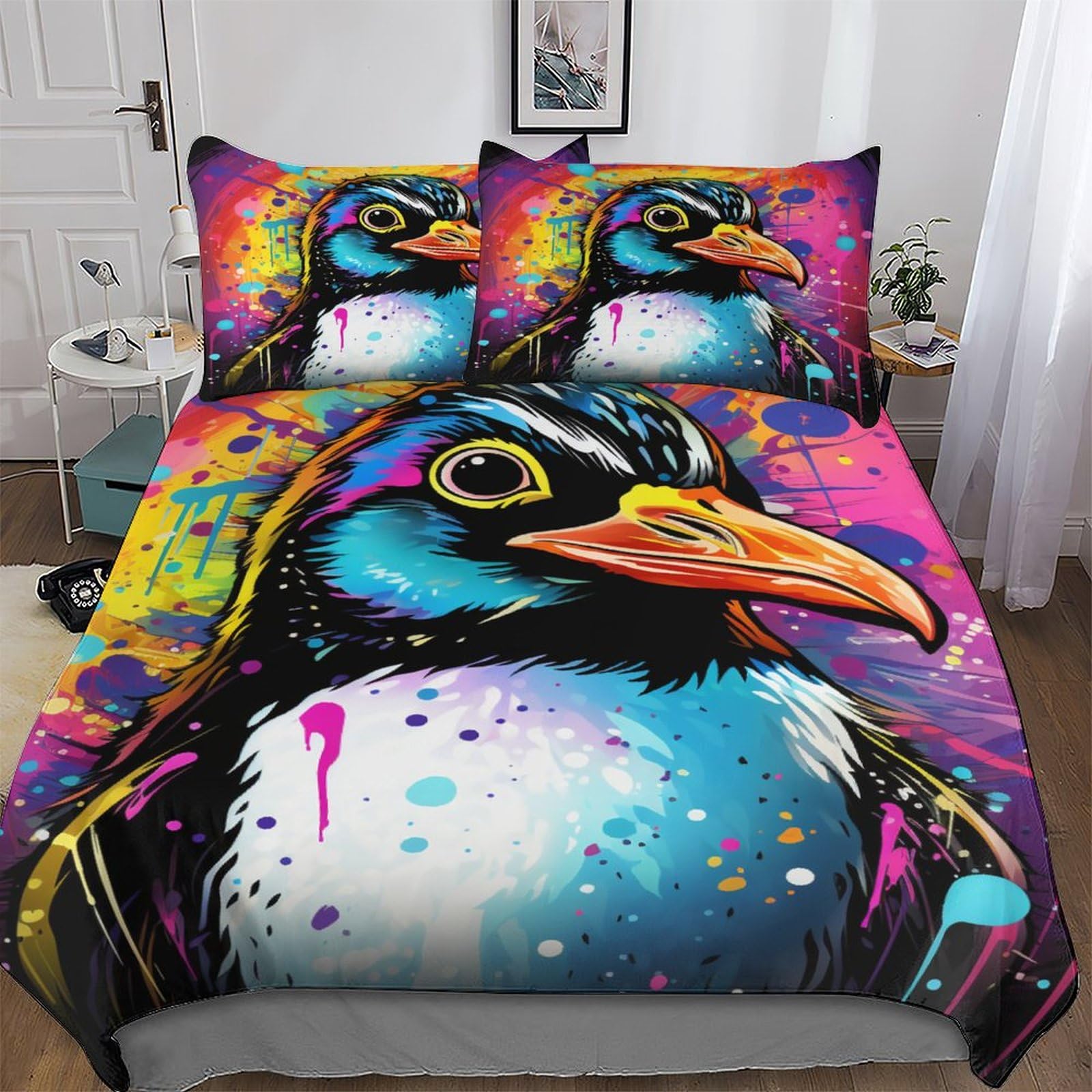 PAZZK Penguin Printed Duvet Cover Set for Boys Girls Kids Teens Bedding Comforter Cover with Zipper Ultra Soft Microfiber Bedspread Quilt Covers with Pillowcase Single (135x200cm)