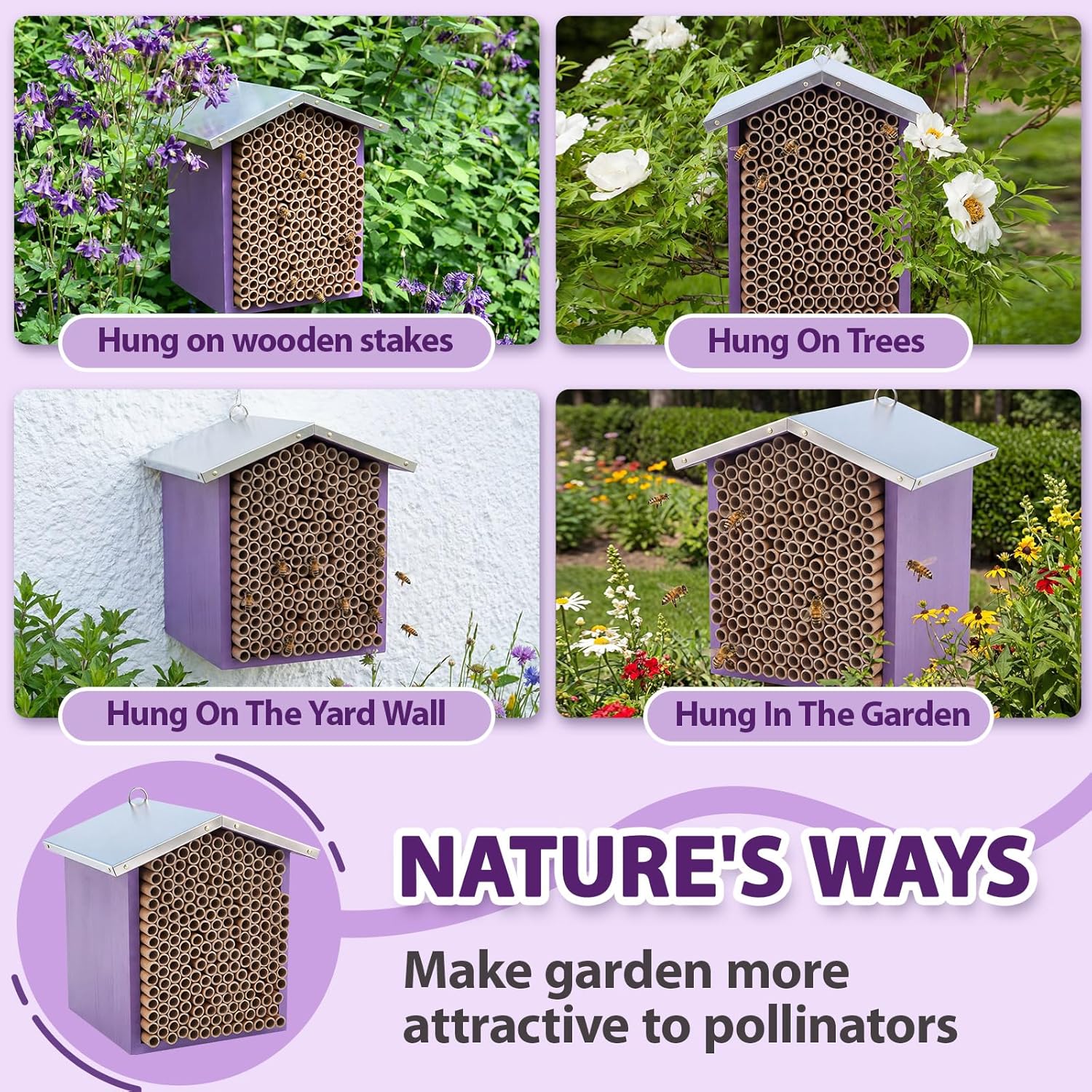 Vicenpal Mason Bee House with Tubes Native Bee Boxes Hive Wooden, Pollinator House Waterproof, Wax Coated Tall Insect Hotel, Butterfly, Ladybirds, Beneficial Insect Habitat, Bug Hotel Garden