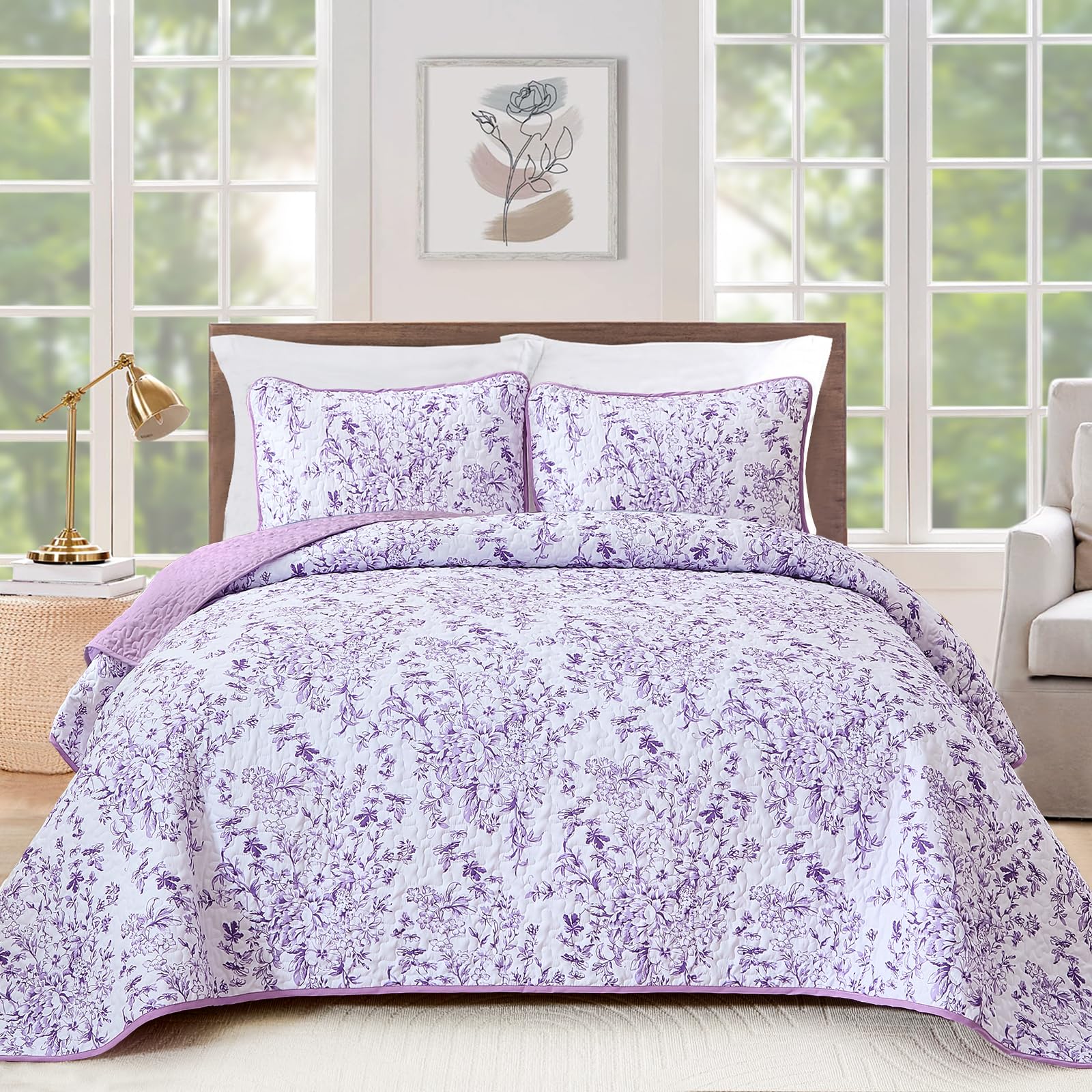 WONGS BEDDING Quilt Queen Size, Purple Quilt Bedding Set with 2 Pillowcases, Botanical Quilt for Queen Bed, Soft Microfiber Lightweight Coverlet