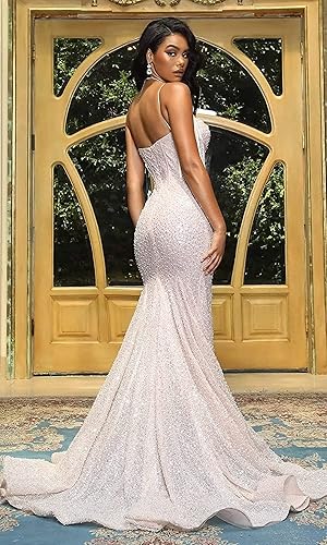 Vista 5 de Huaxiafan Vestidos de fiesta de sirena con lentejuelas para mujer, con tirantes delgados, vestido formal brillante, vestidos de noche