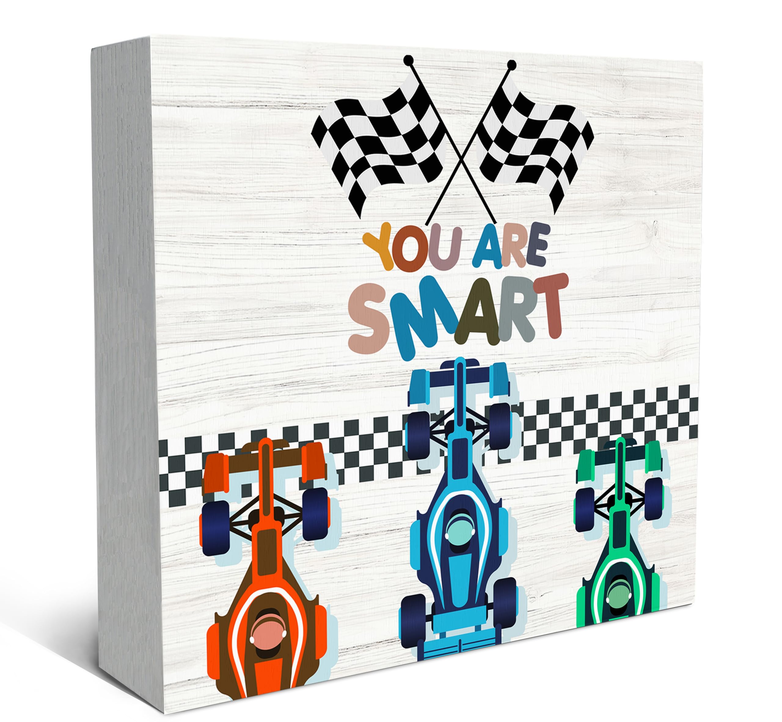 Letrero de caja de madera Race Car Boy adorno de sobremesa para habitacion de niño