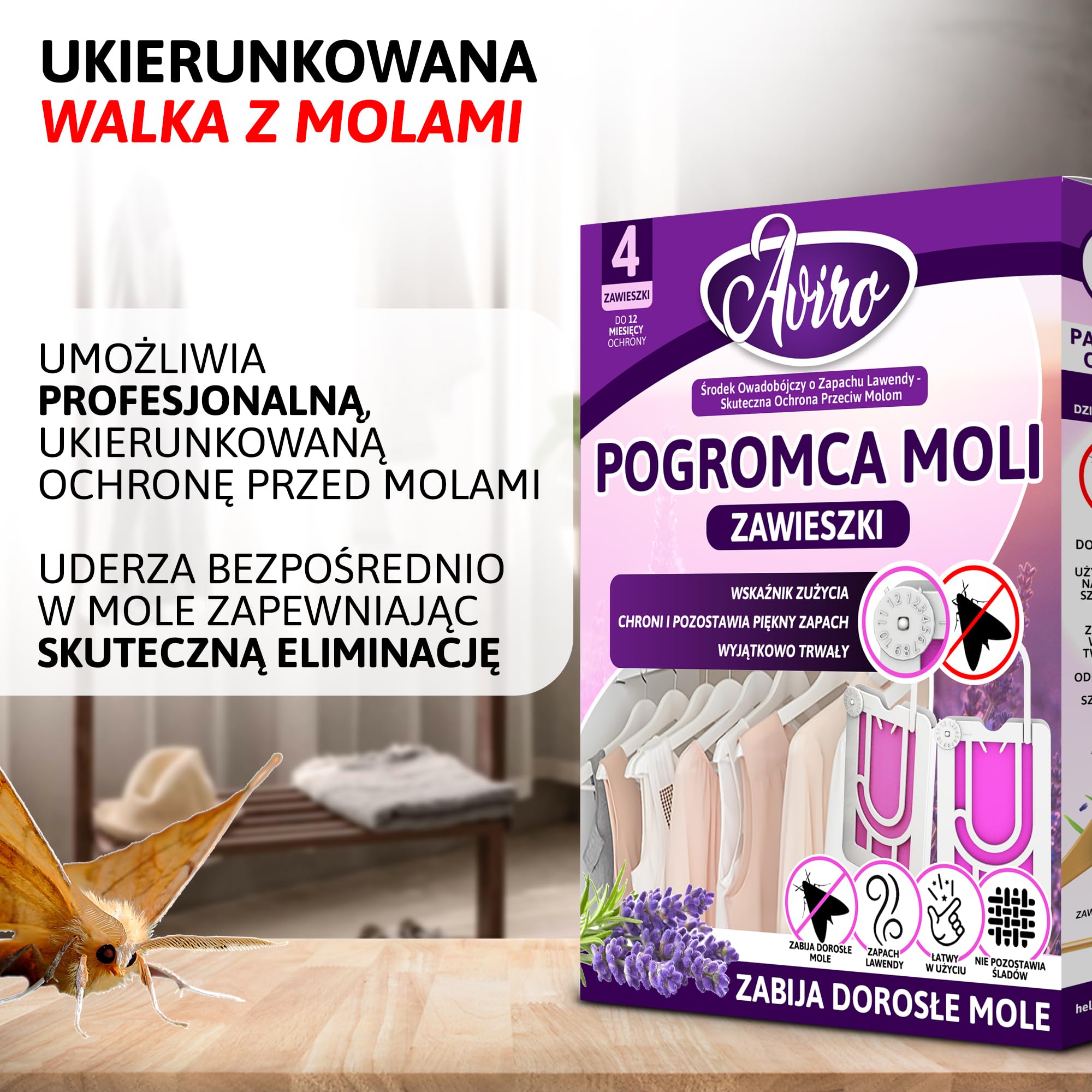 Aviro Zawieszka na Mole, Ochronna Zawieszka przeciw Molom Odzieżowym, Naturalny Zapach Lawendy, Bardzo Skuteczna, Łatwa w Użyciu Pułapka na Mole do Szafy, Lawendowe Zawieszki przeciw Molom, 4Pack