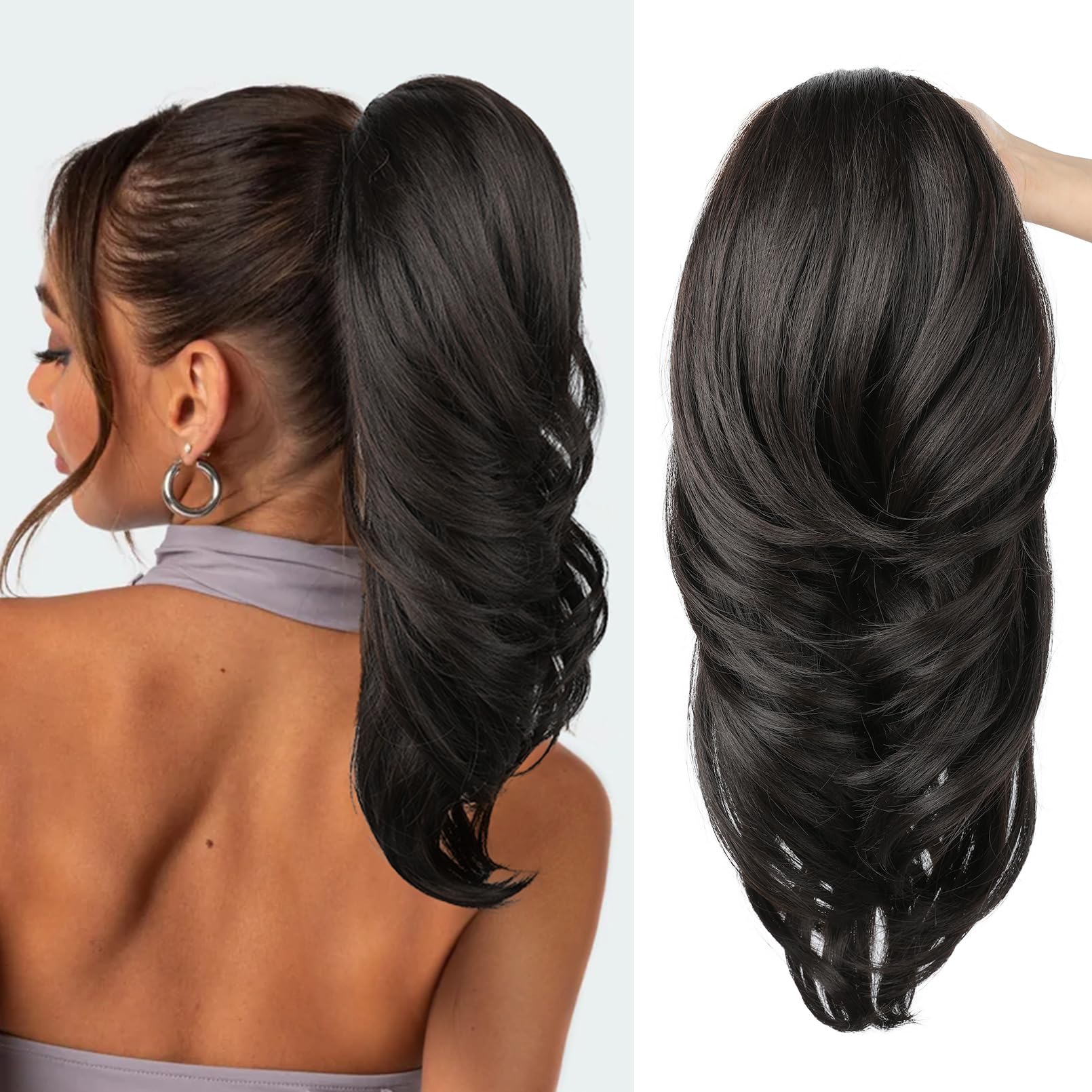 SEIKEA Versatile Drawstring Ponytail Extension, 18" Long Wavy Multi Layered Clip in Ponytail Hair Extensions Stand Up High Fake Pony Tail Soft Natural