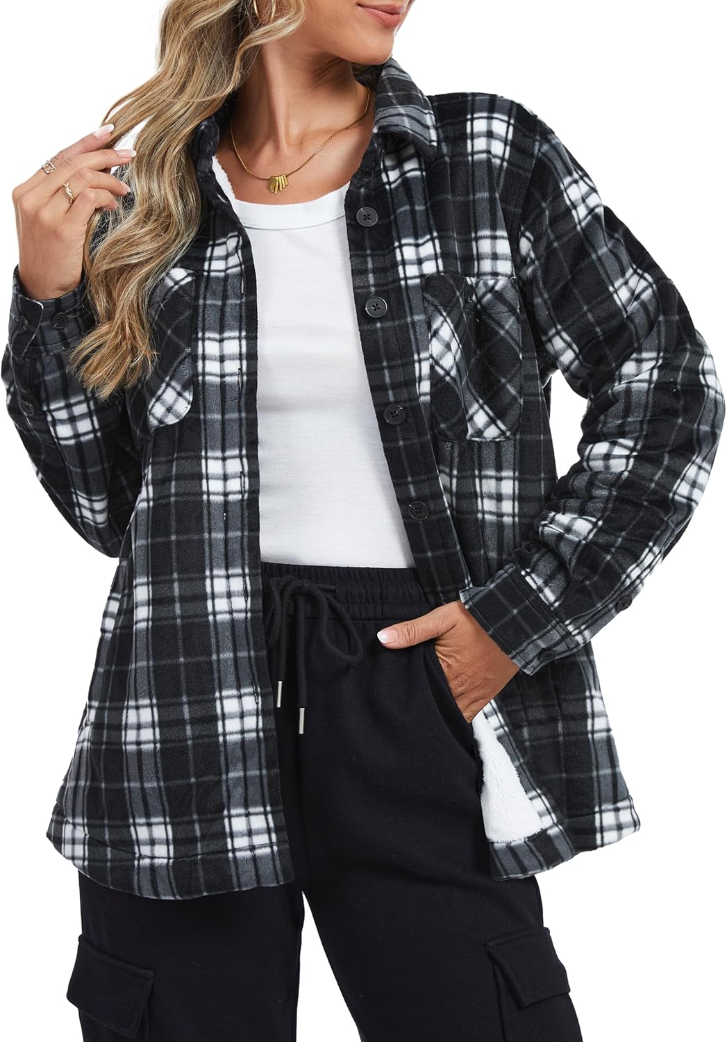 YUCOLEN Women's Sherpa Fleece Lined Plaid Flannel Jacket Warm Button Down Winter Flannel Shirt Jacket Coat with Pockets