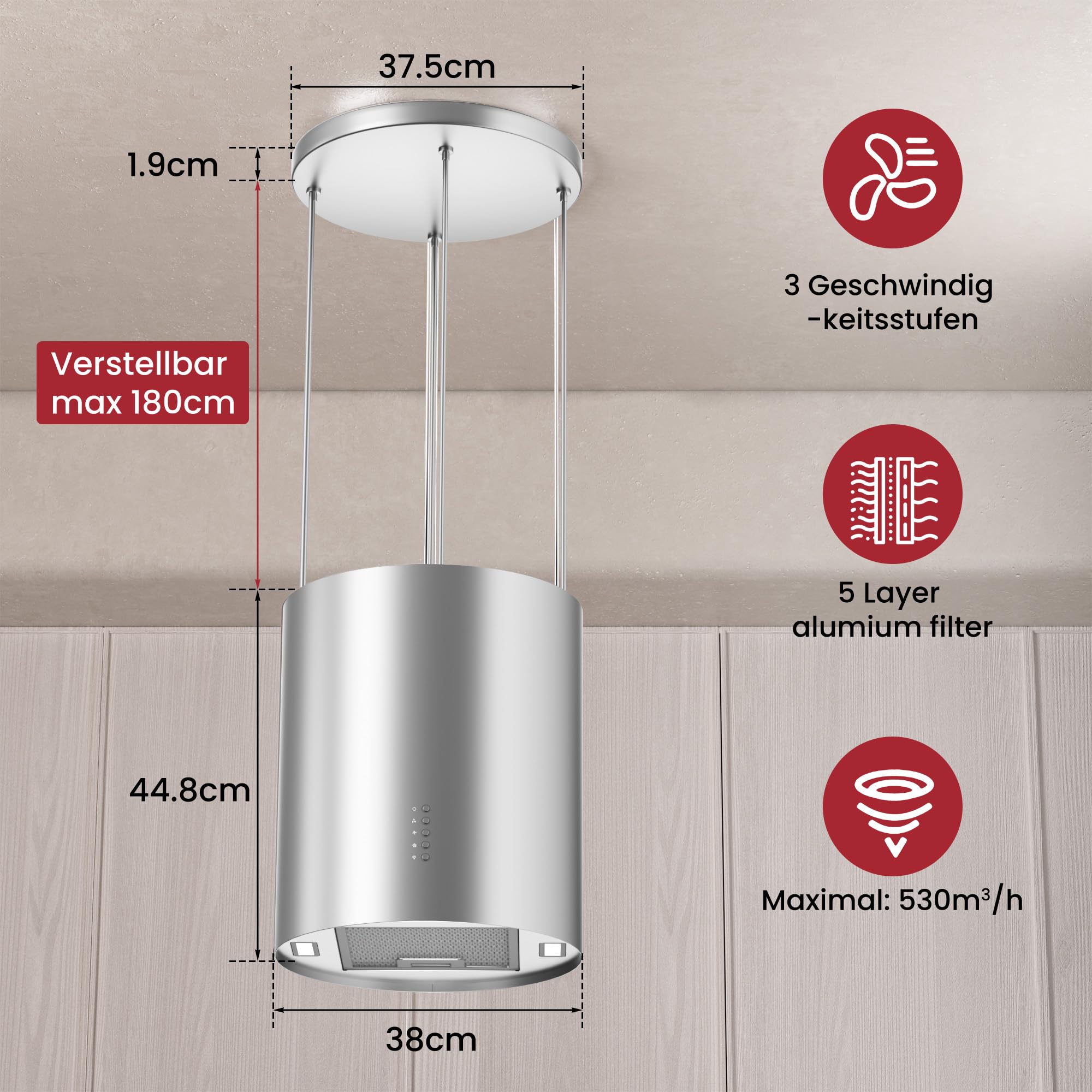 LEVIVO A+ Inselhaube Umluft Freihängend 530 m³/h Dunstabzugshaube 2 Aktivkohlefilter 1 Fettfilter 3 Stufen Booster 2 LEDs Silber