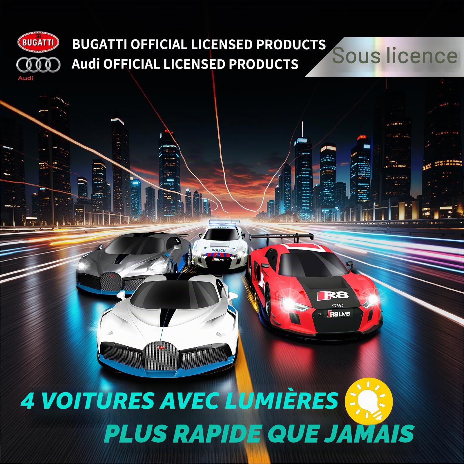 Set de Course de Voitures Slot avec Affichage des Tours à LED, Retour Vocal, 4 Voitures sous Licence, Piste de 13,5 m (44 Pieds), alimenté électriquement ou par Batterie pour Enfants et Adultes