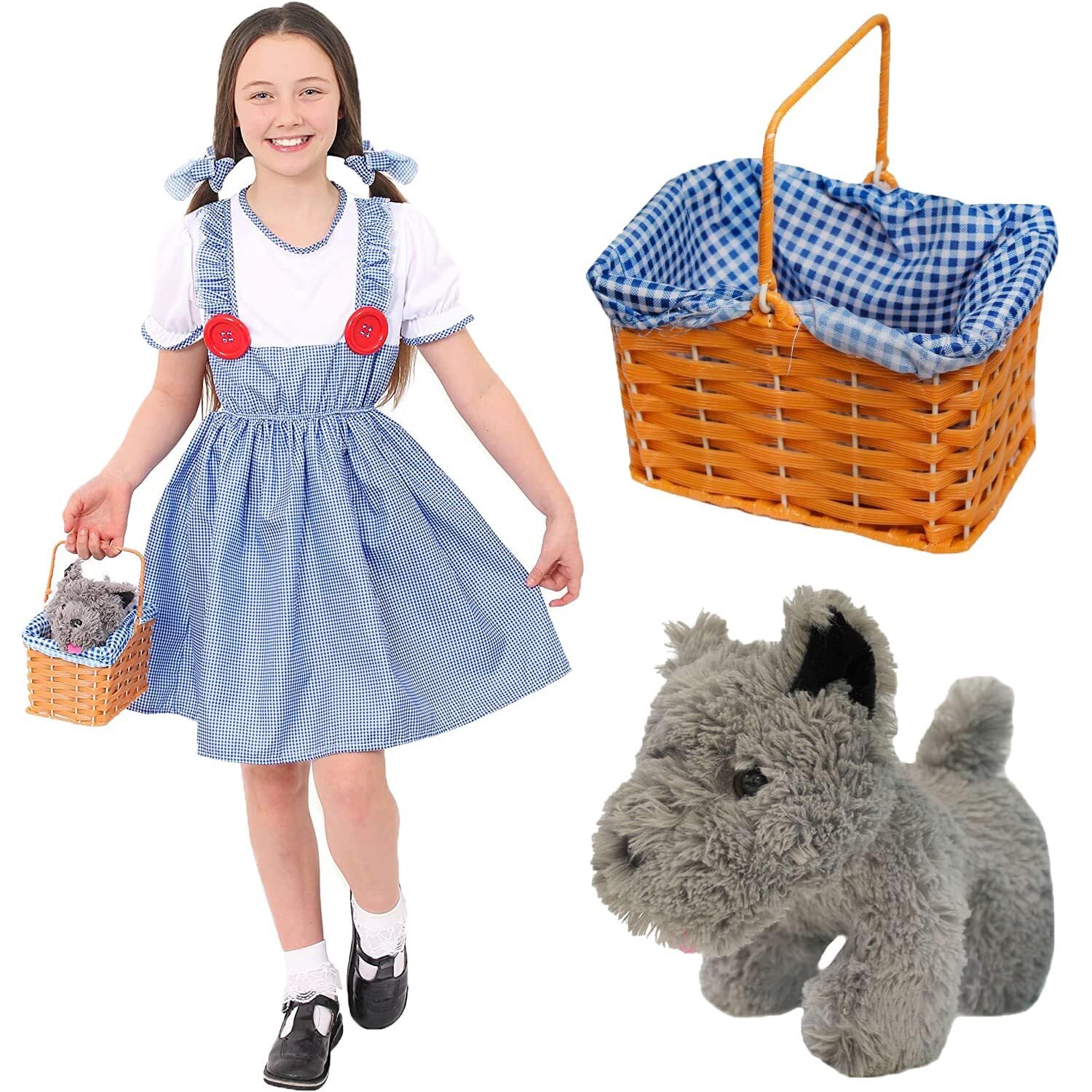 Childs Kansas Girl Costume - Blue Gingham Dress, Matching Hair Ties, Blue Gingham Basket and Plush Toy Dog - Kids World Book Day Book Week Fancy Dress Costume