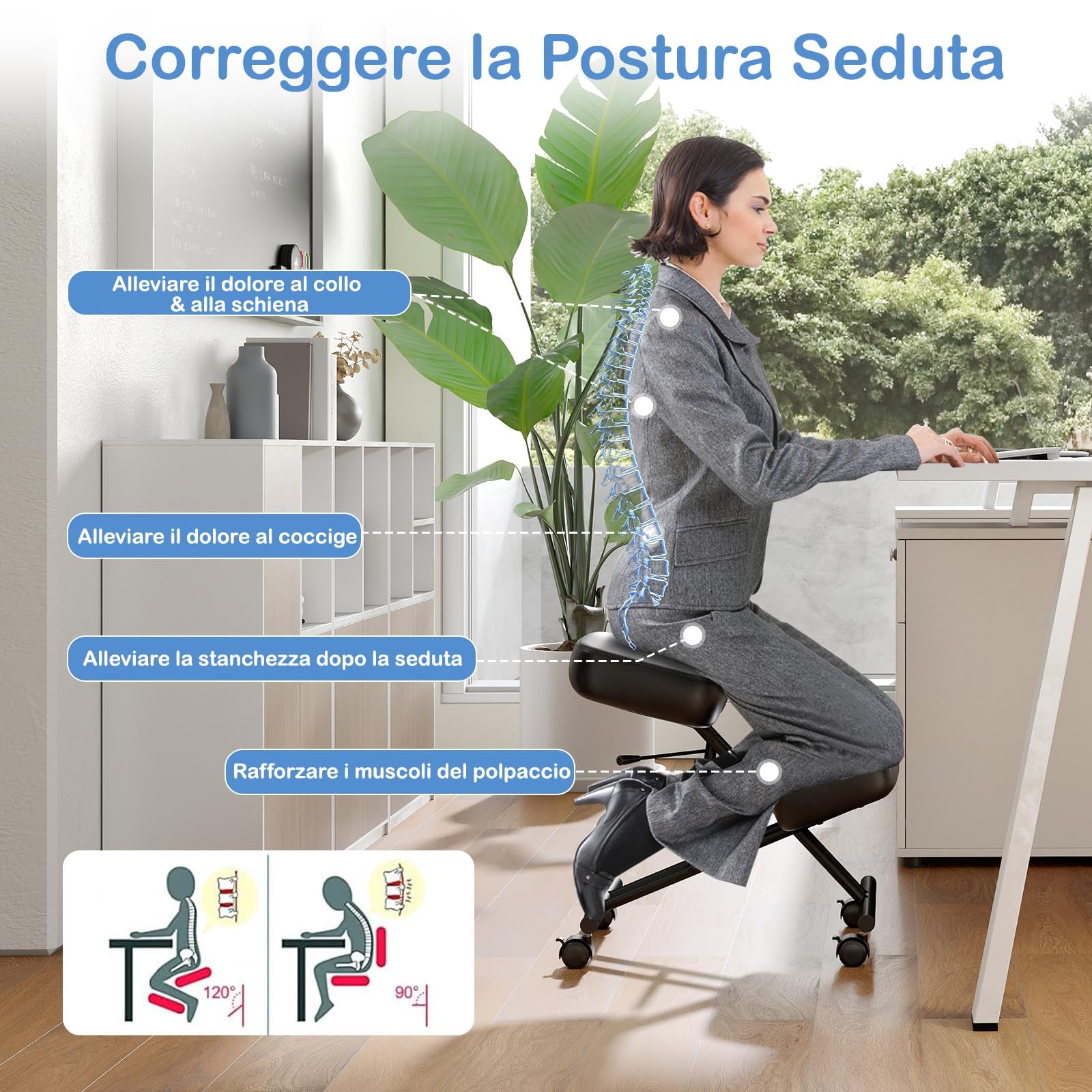 GIANTEX Silla de Rodillas Ergonómica para Corrección Postural, Taburete Acolchado con Altura Ajustable y 4 Ruedas Bloqueables, Silla de Escritorio para Oficina, Estudio