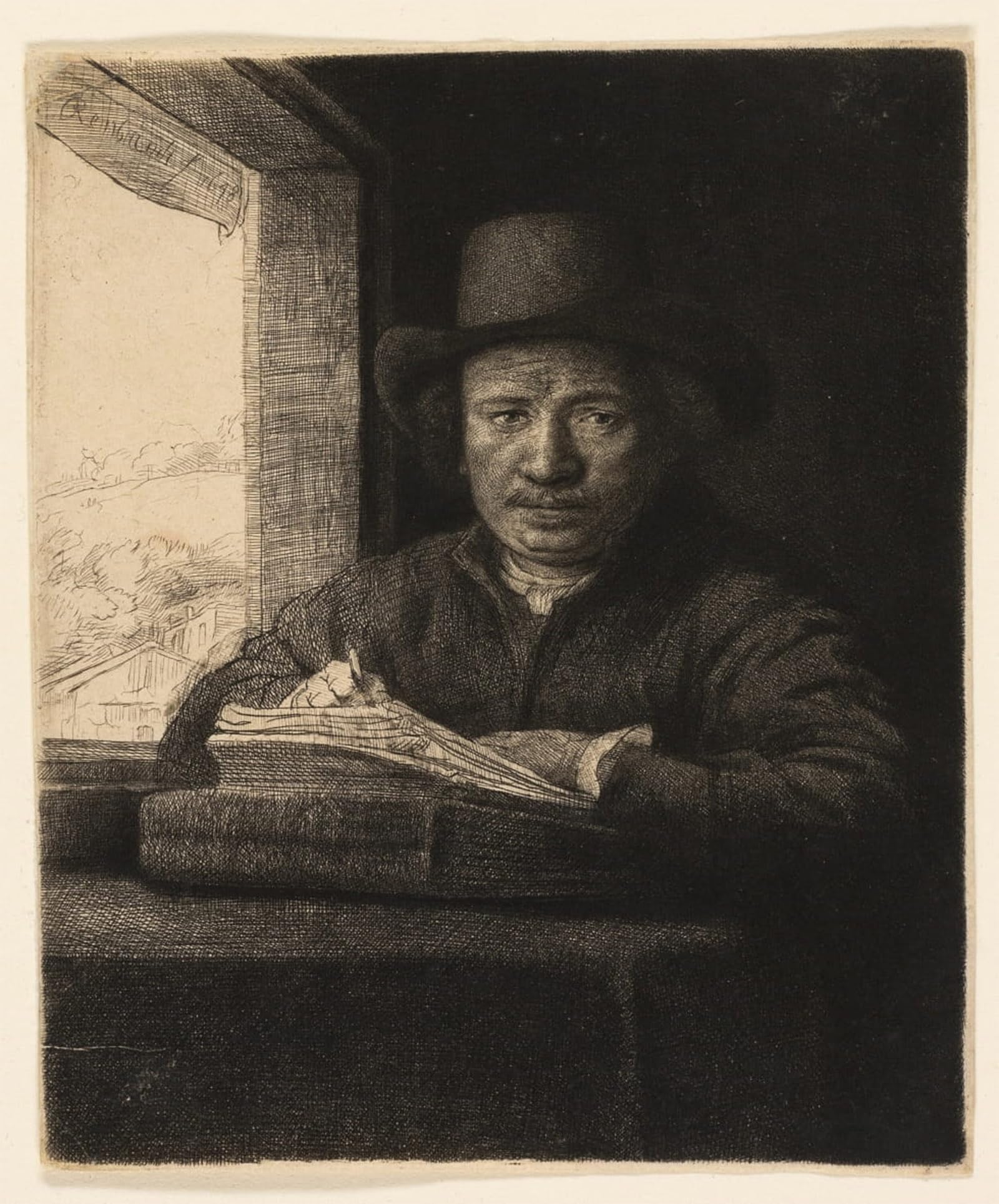 RZHRHJES Retro Picture Portrait Oil Painting Modern Wall Artwork Self-portrait etching at a Window by Rembrandt van Rijn Canvas Poster for Home Decor 60x90cm