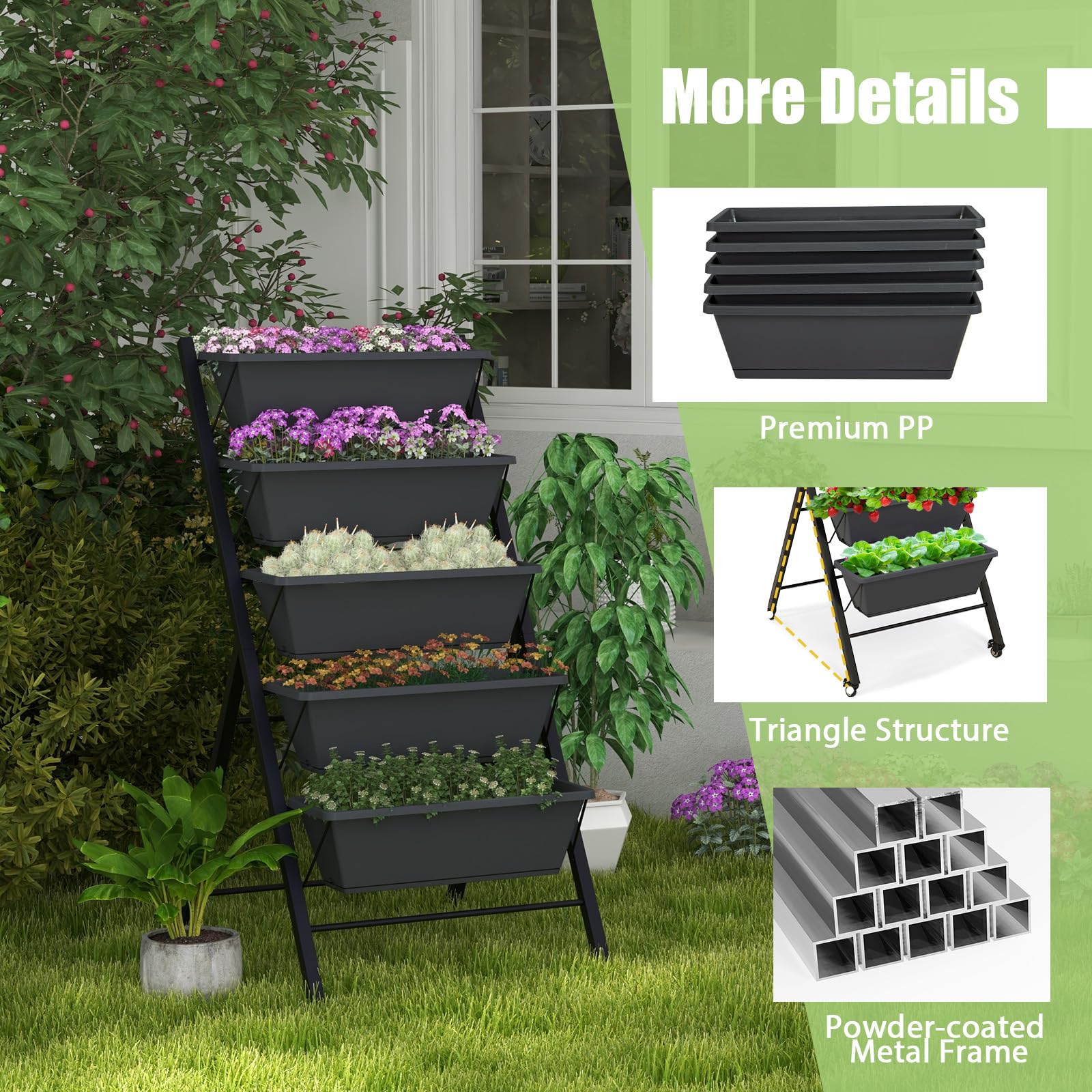 HOMASIS Vertikales Hochbeet mit 5 Etagen, Blumenbeet mit 5 Pflanzkästen, Vertikalbeet mit Rollen, Blumentreppe aus Metall, Gemüsebeet Blumenkasten für Balkon Garten (Schwarz, 57 x 68 x 117 cm)