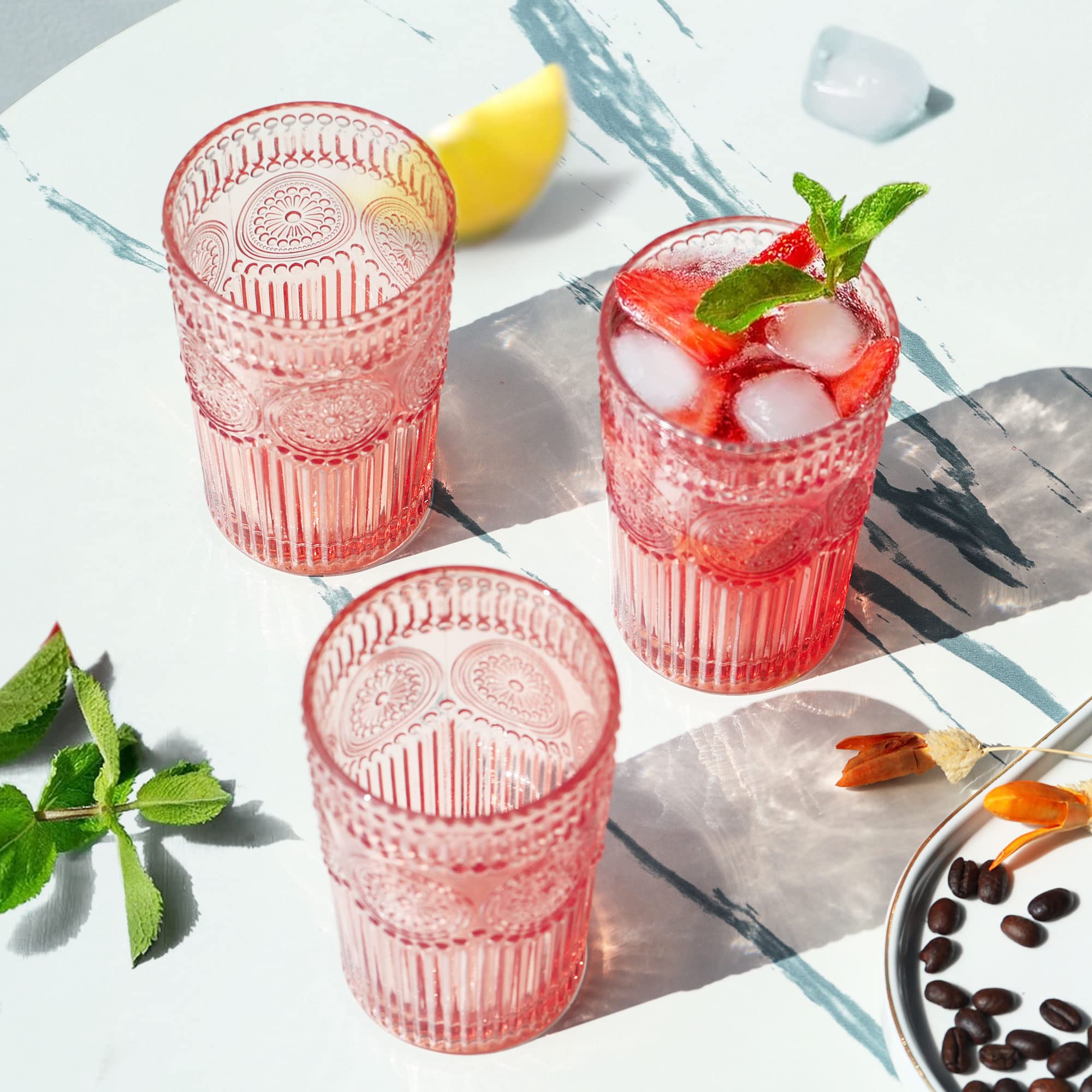 Joeyan Highball Drinking Glasses Set Of 4, 350ml Embossed Water Glasses - View #2