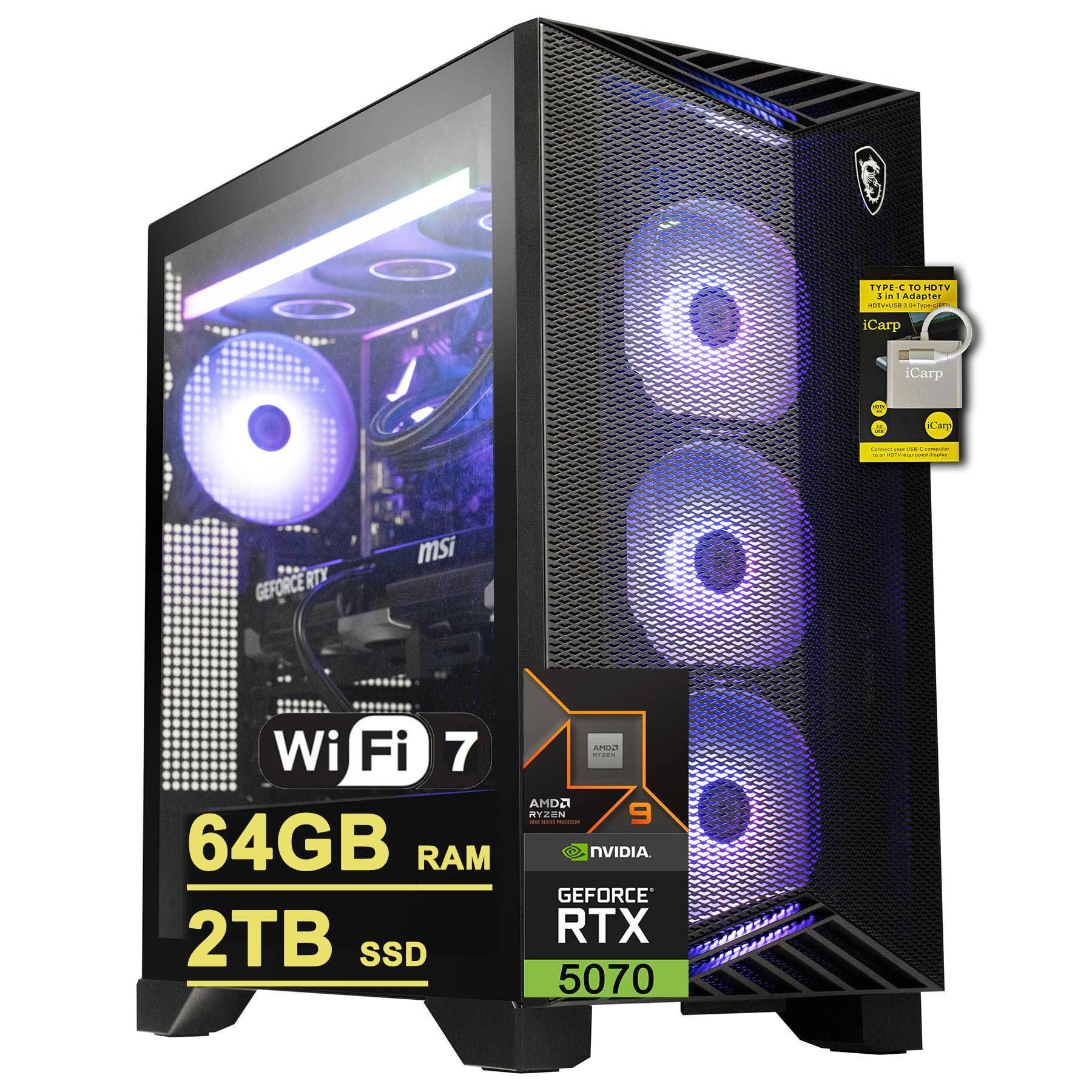 msi Aegis ZS2 Gaming Desktop AMD 12-core Zen 5 Ryzen 9 9900X (>i9-14900HX) 64GB RAM 2TB SSD GeForce RTX 5070 DLSS 4 (Up to 988 AI Tops) 360mm Liquid Cooler 750W 80+ Gold PSU Support HDD Win11