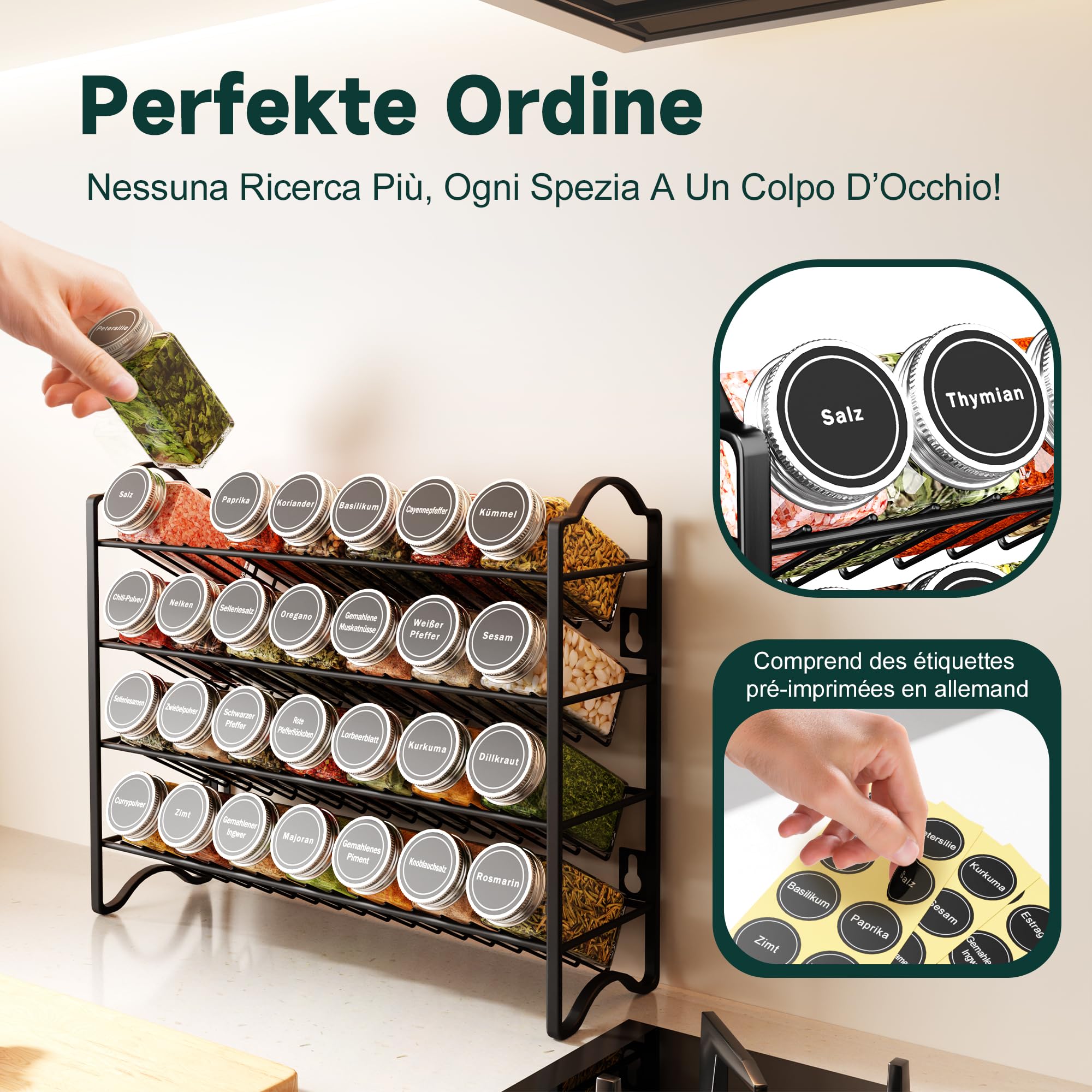 Set portaspezie con 28 barattoli per spezie e 120 etichette, organizer per spezie per cucina e armadio, portaspezie da parete o in piedi, completo sistema di conservazione delle spezie (nero)